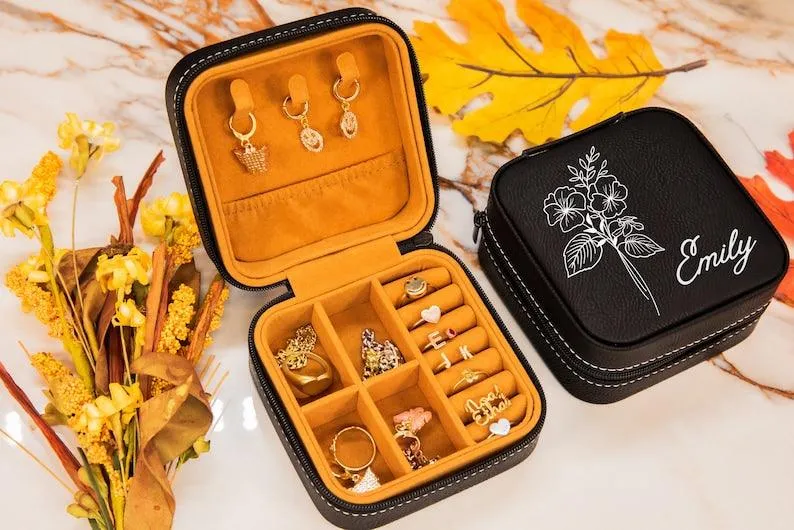 Birth Flower Jewelry Travel Case, Birth Month Flower Gift, Personalized Birthday Gift, Leather Jewelry Travel Case, Custom Jewelry Case