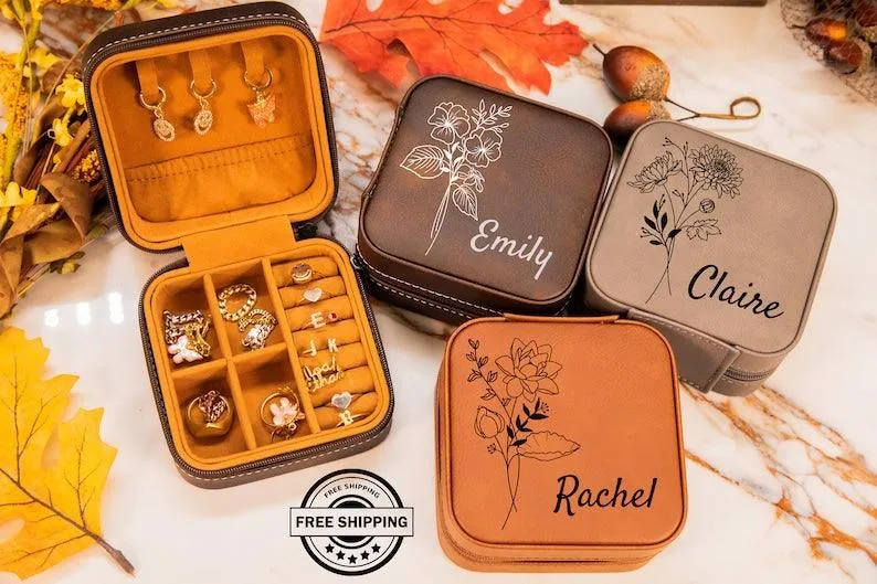 Birth Flower Jewelry Travel Case, Birth Month Flower Gift, Personalized Birthday Gift, Leather Jewelry Travel Case, Custom Jewelry Case