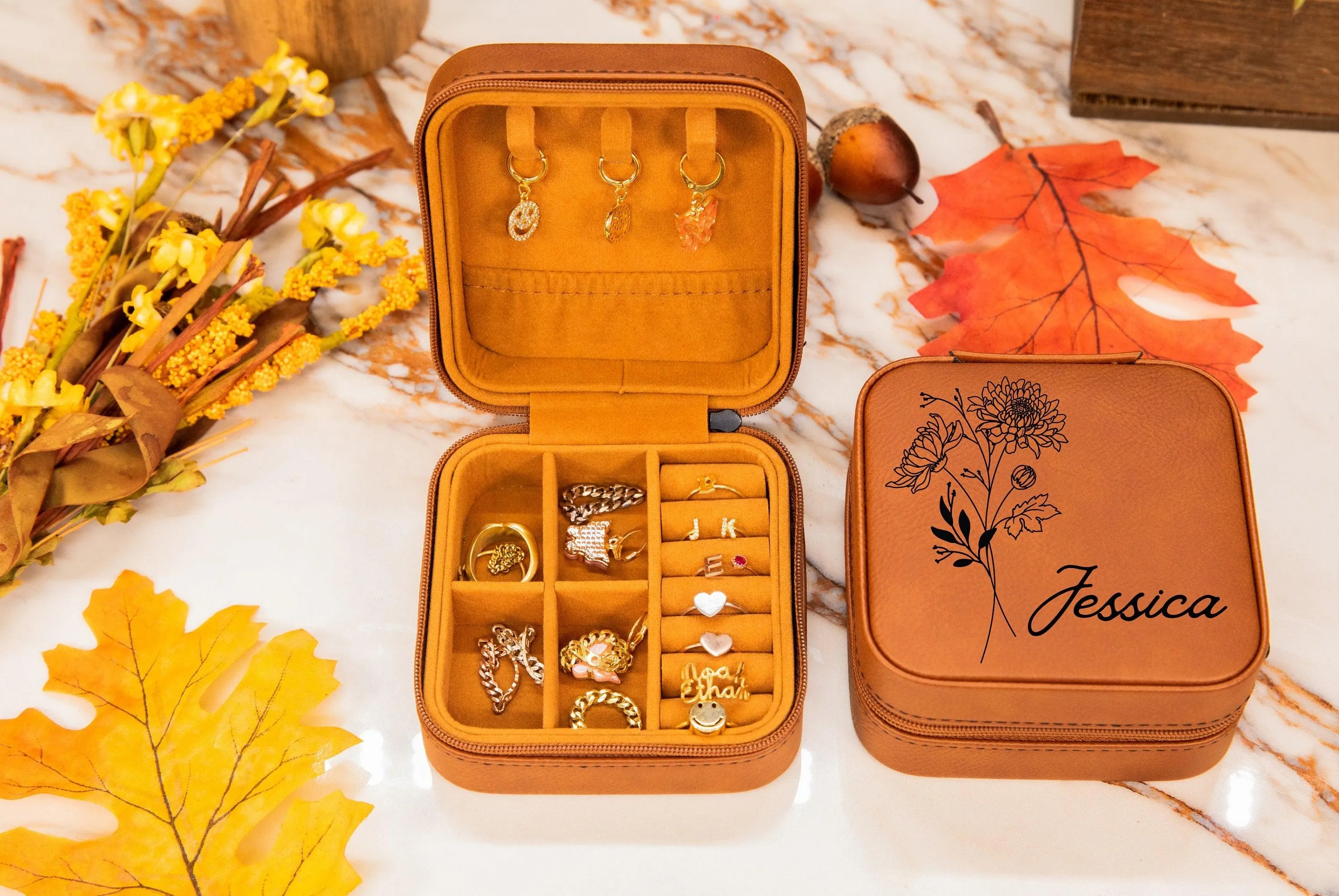 Birth Flower Jewelry Travel Case, Birth Month Flower Gift, Personalized Birthday Gift, Leather Jewelry Travel Case, Custom Jewelry Case