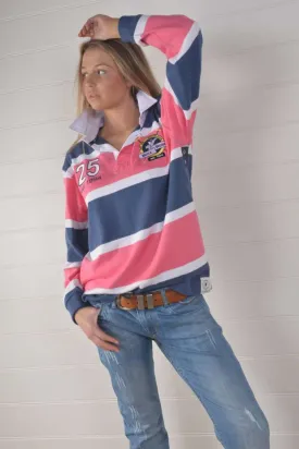 Bullrush Ladies Dutton Stripe Rugby Pink/Navy