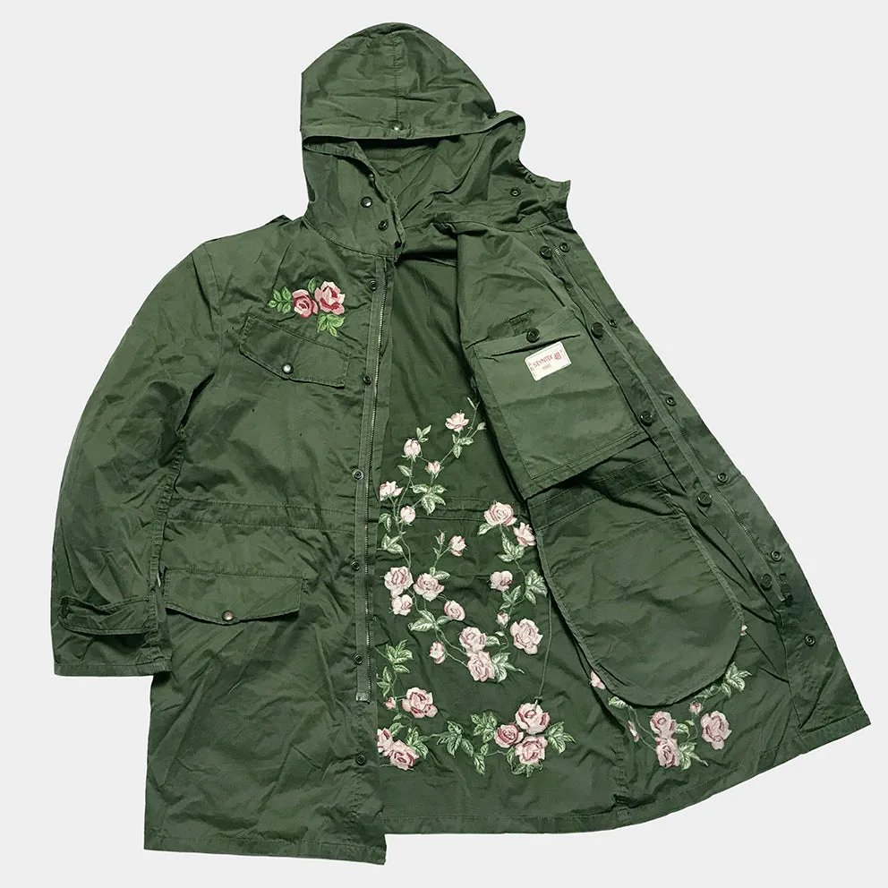 BZEN J2-SAKURA USED BELIGIAN CADET JACKET WITH BUTTON OUT LINER UPCYCLED WITH FLOWERS FROM 1978-1986-OLIVE GREEN