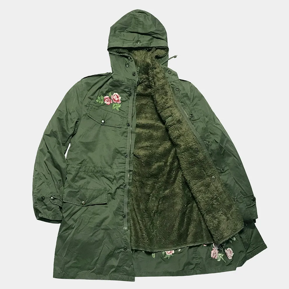 BZEN J2-SAKURA USED BELIGIAN CADET JACKET WITH BUTTON OUT LINER UPCYCLED WITH FLOWERS FROM 1978-1986-OLIVE GREEN