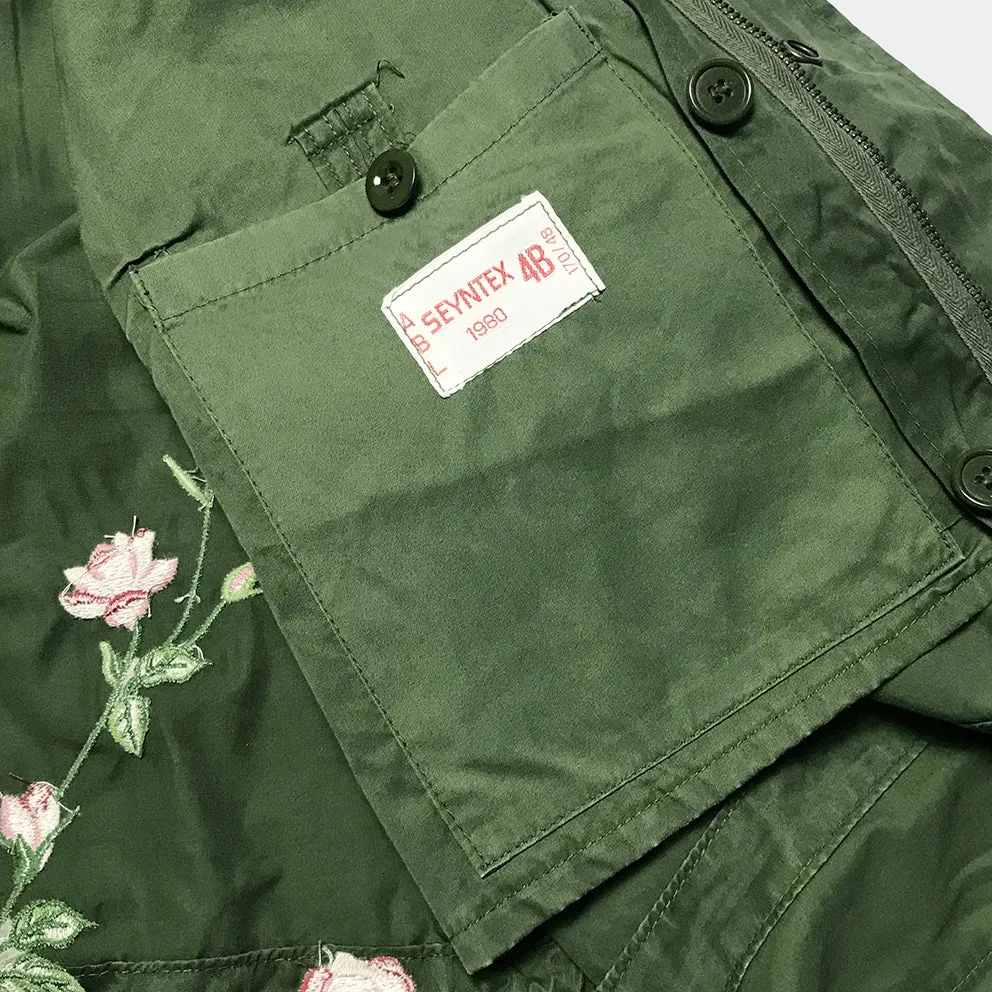 BZEN J2-SAKURA USED BELIGIAN CADET JACKET WITH BUTTON OUT LINER UPCYCLED WITH FLOWERS FROM 1978-1986-OLIVE GREEN