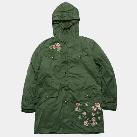BZEN J2-SAKURA USED BELIGIAN CADET JACKET WITH BUTTON OUT LINER UPCYCLED WITH FLOWERS FROM 1978-1986-OLIVE GREEN