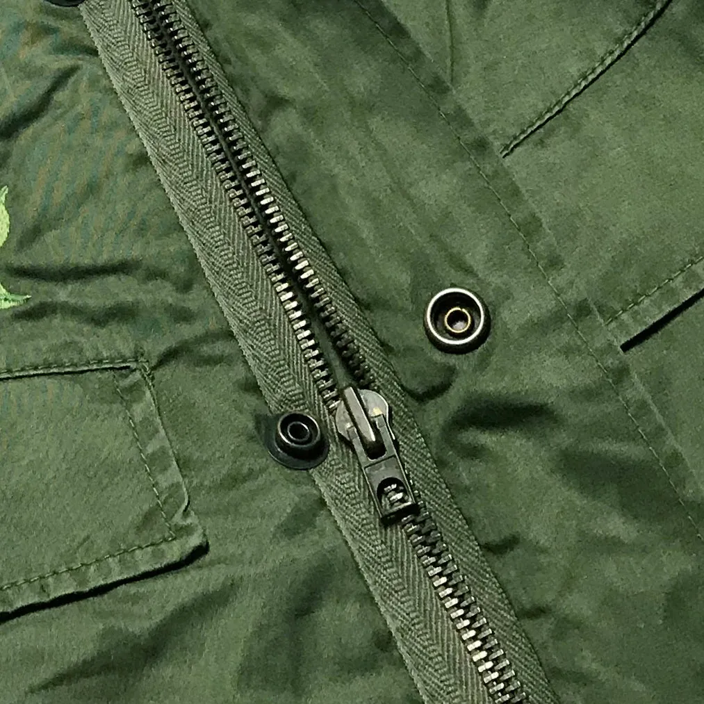 BZEN J2-SAKURA USED BELIGIAN CADET JACKET WITH BUTTON OUT LINER UPCYCLED WITH FLOWERS FROM 1978-1986-OLIVE GREEN