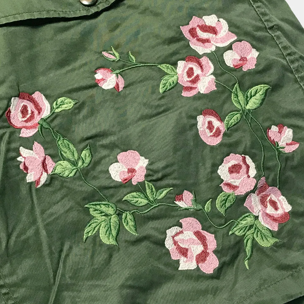 BZEN J2-SAKURA USED BELIGIAN CADET JACKET WITH BUTTON OUT LINER UPCYCLED WITH FLOWERS FROM 1978-1986-OLIVE GREEN