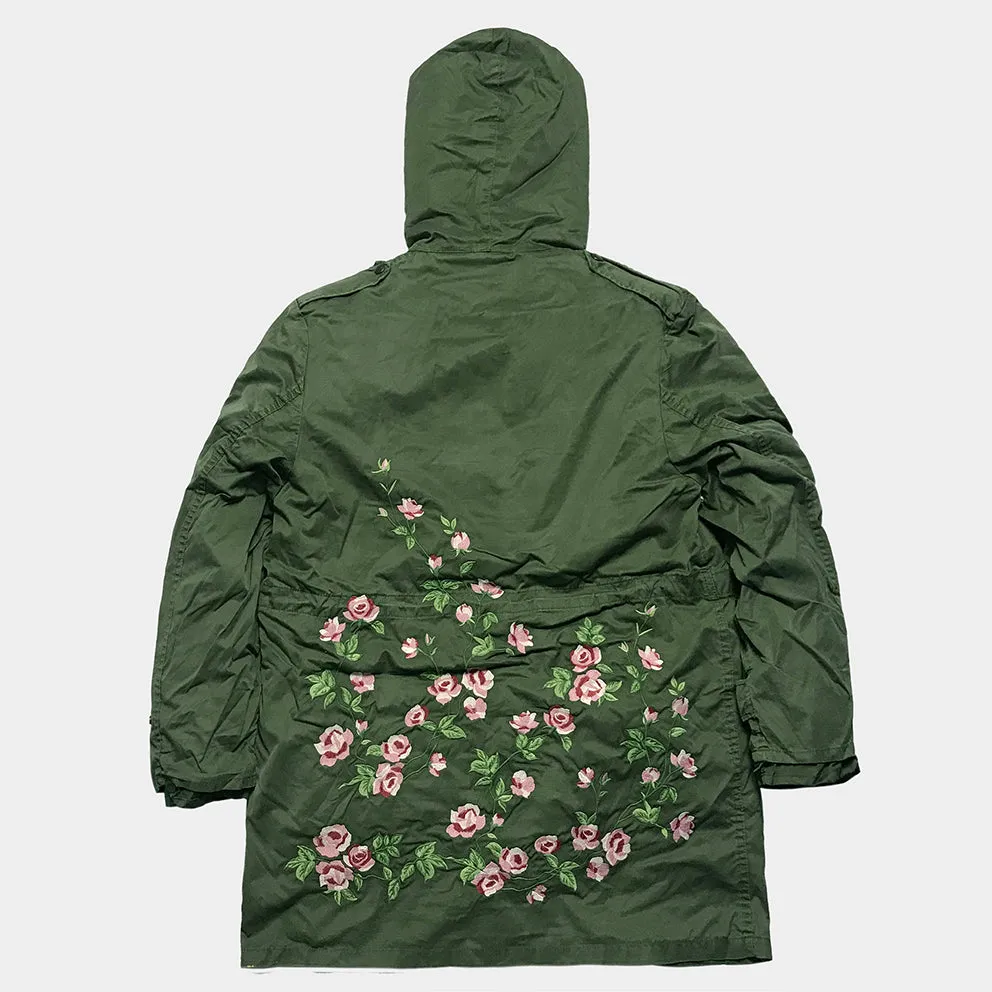 BZEN J2-SAKURA USED BELIGIAN CADET JACKET WITH BUTTON OUT LINER UPCYCLED WITH FLOWERS FROM 1978-1986-OLIVE GREEN