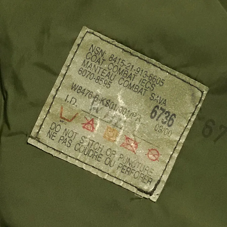 BZEN J6 SAVA- RECYCLED USED CANADIAN ARMY GORETEX COMBAT COAT IECS FROM 1970's- OLIVE GREEN