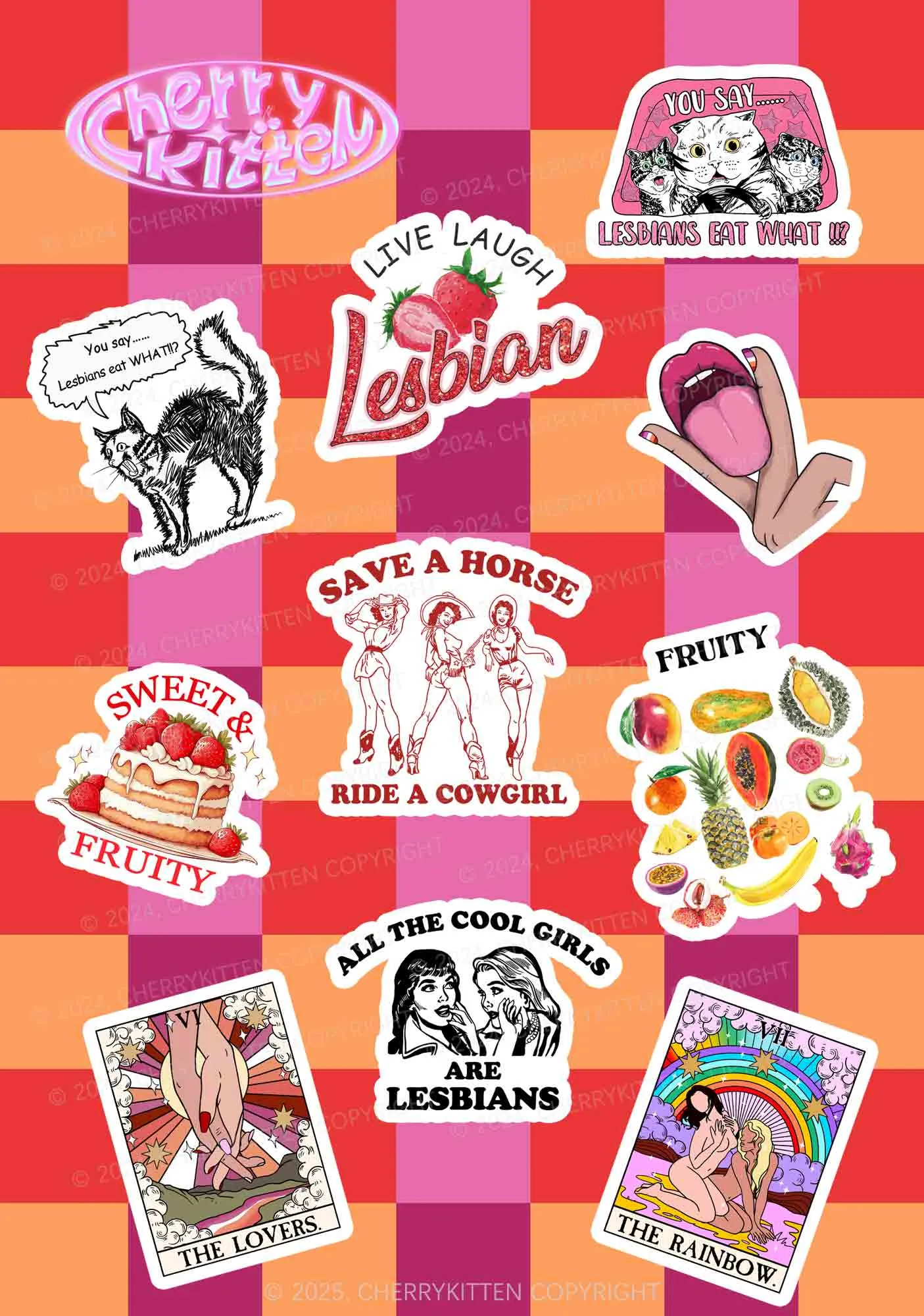 Cherrykitten Lesbian Art Y2K Stickers Pack Of 10