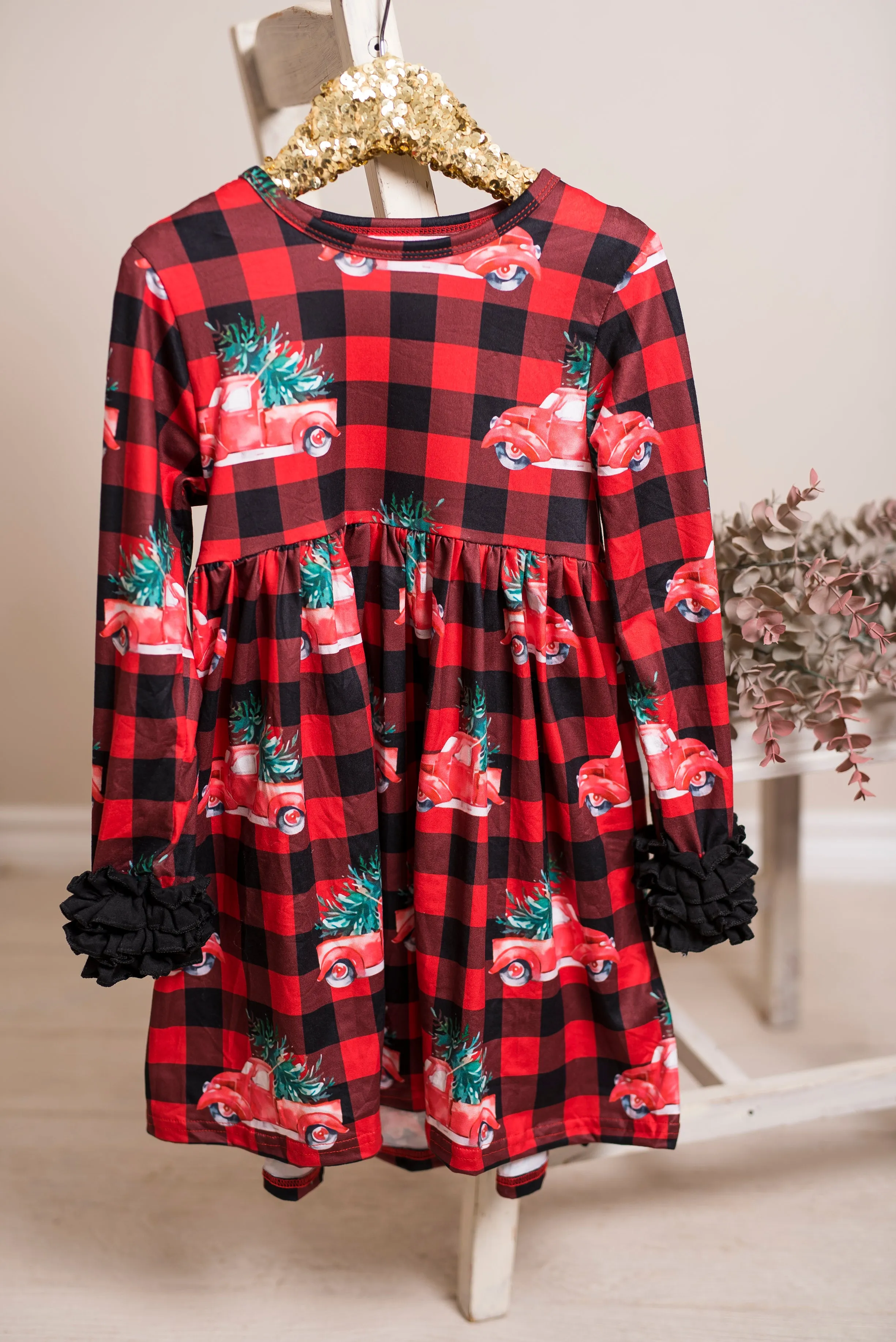 Christmas Truck Long Ruffles Sleeve Tunic/Dress
