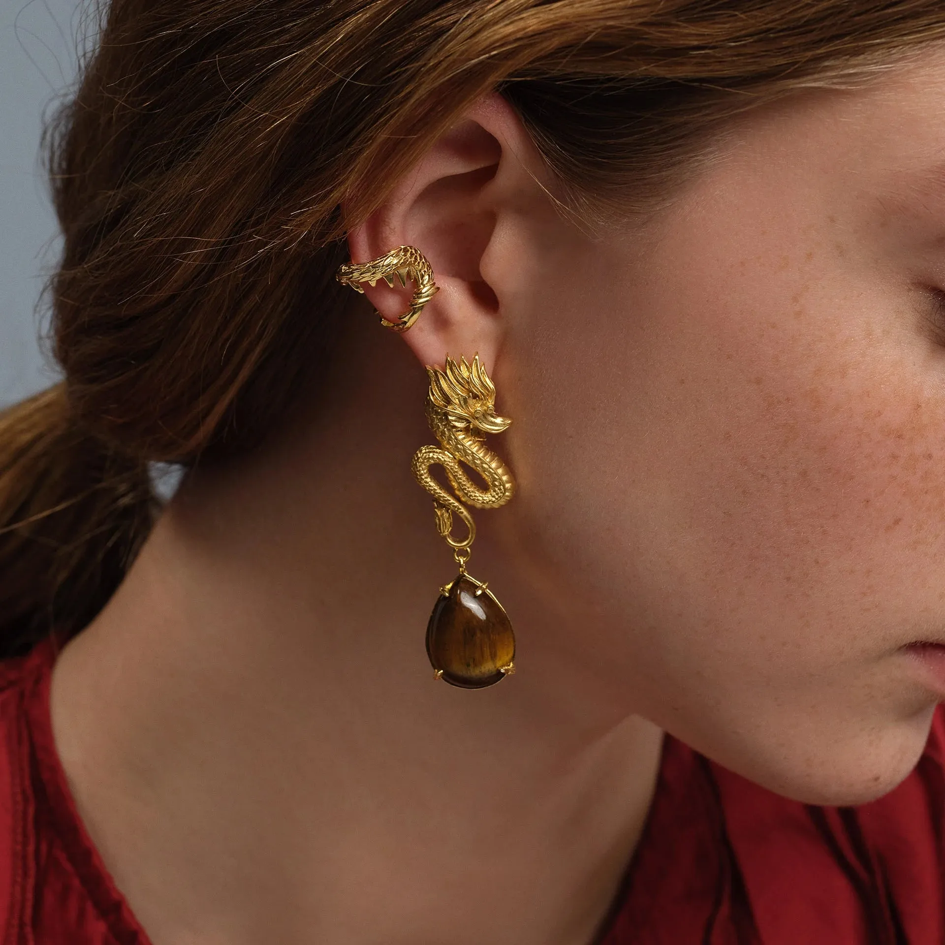 Dragon Earrings - Tiger Eye & Gold Plated Silver