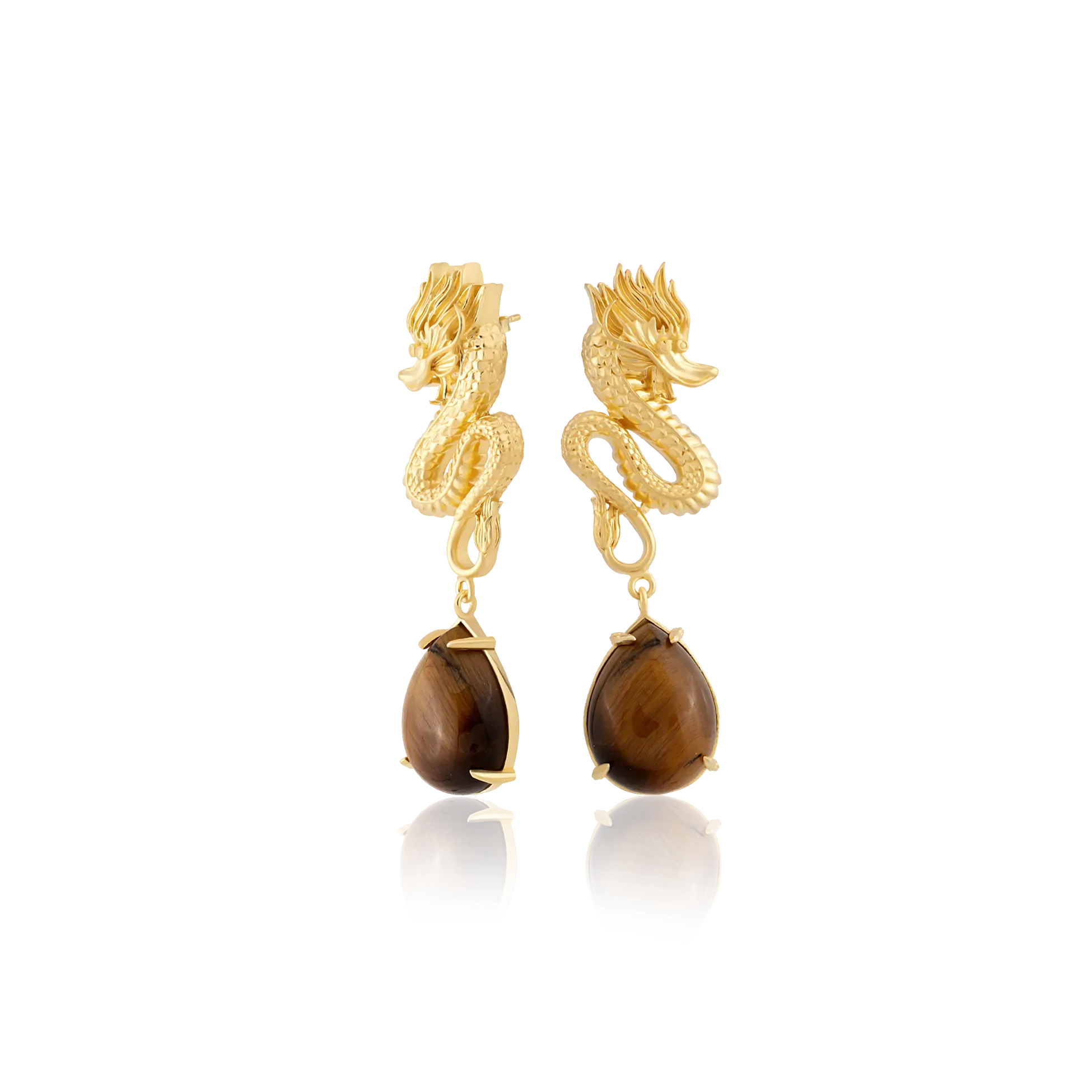 Dragon Earrings - Tiger Eye & Gold Plated Silver