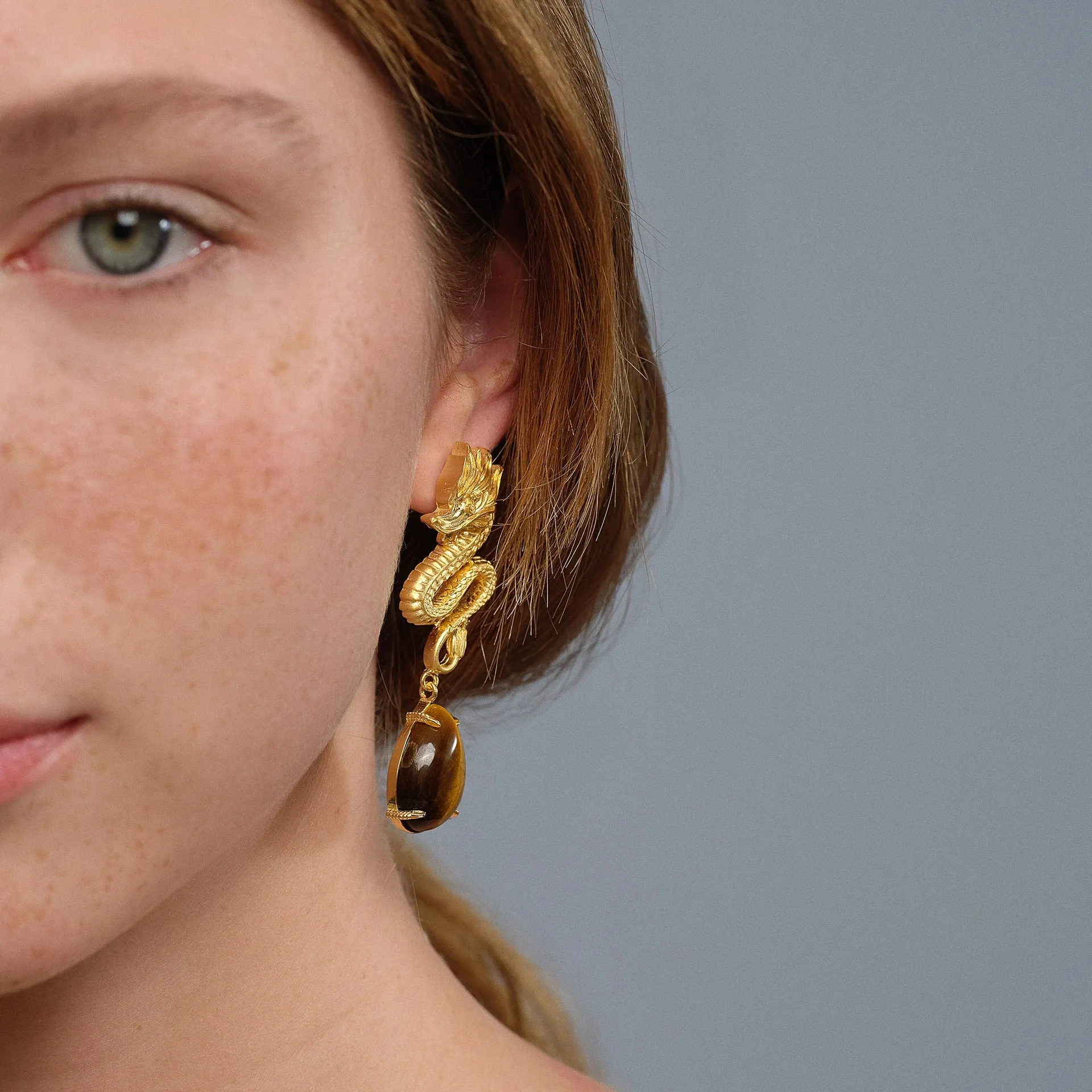 Dragon Earrings - Tiger Eye & Gold Plated Silver