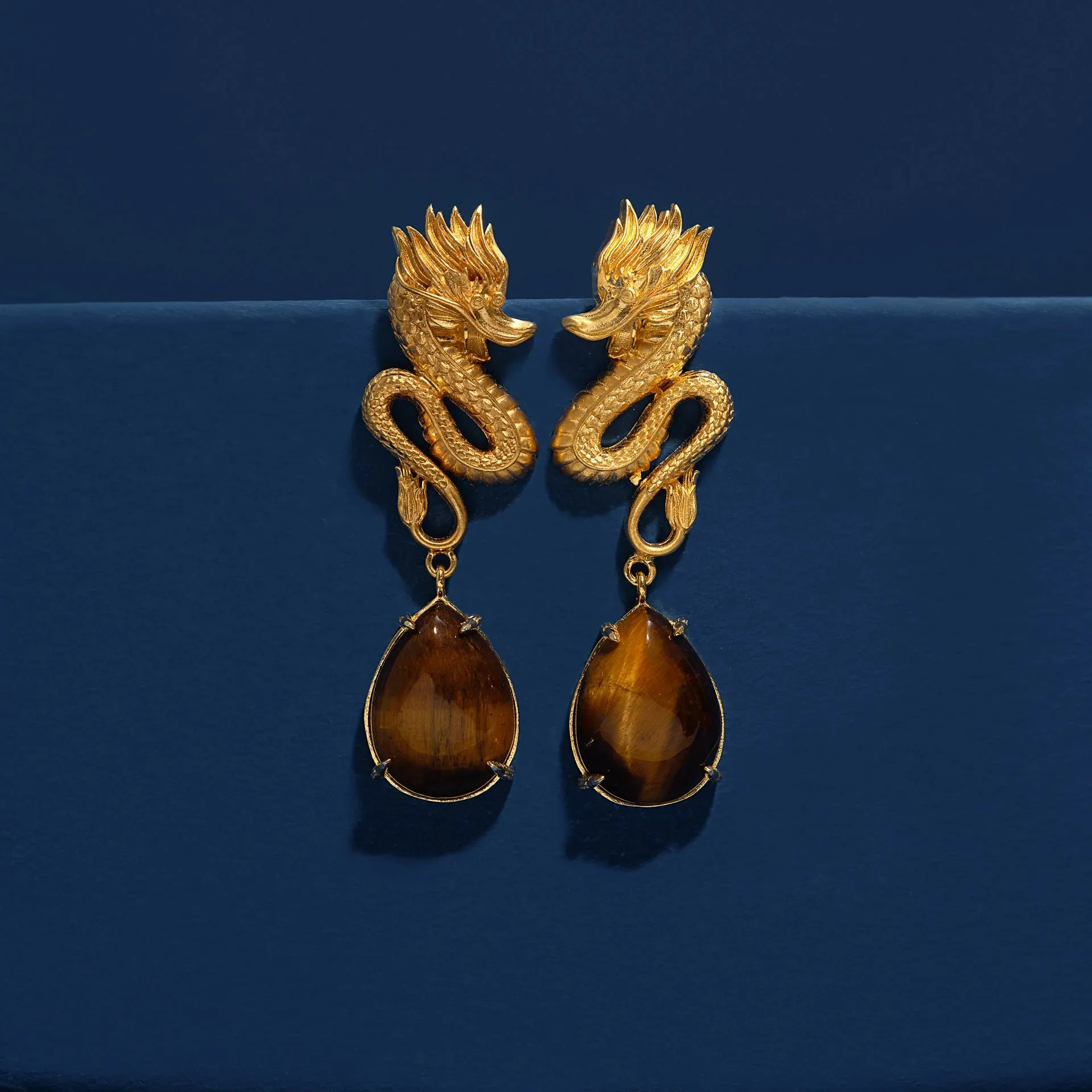Dragon Earrings - Tiger Eye & Gold Plated Silver