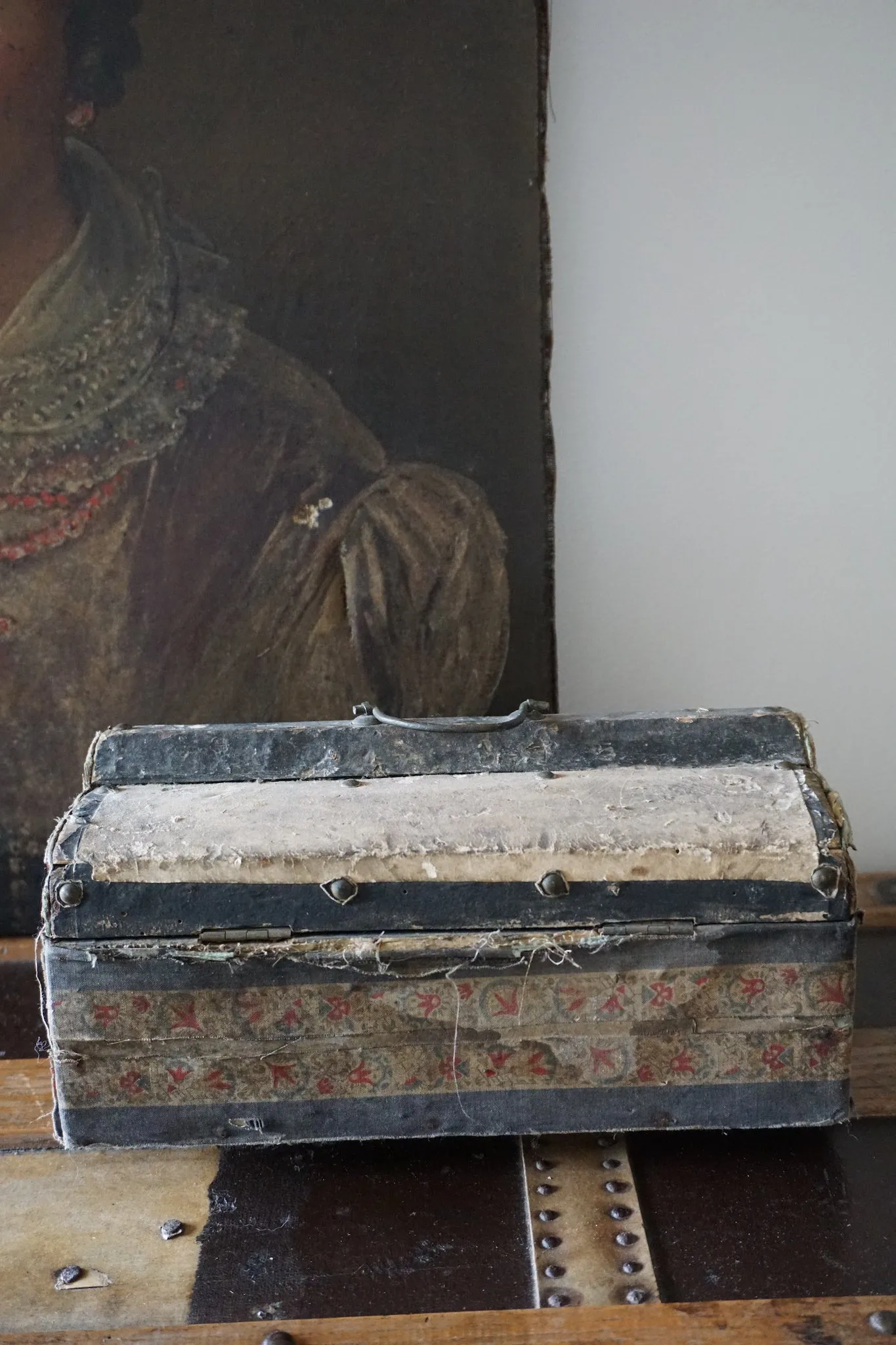 Early 19th Century Wooden Fabric & Paper Covered Box