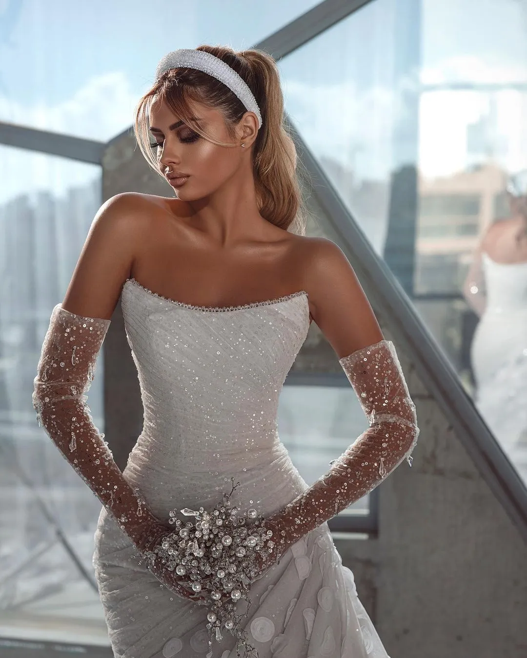 Fabulous Strapless Sleeveless Sequined Bridal Dress with Ruffles