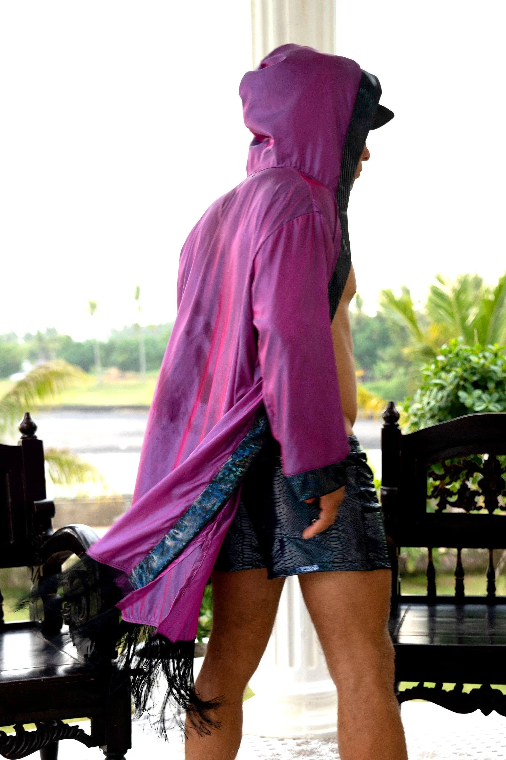 Hooded Iridescent Kimono With Fringe