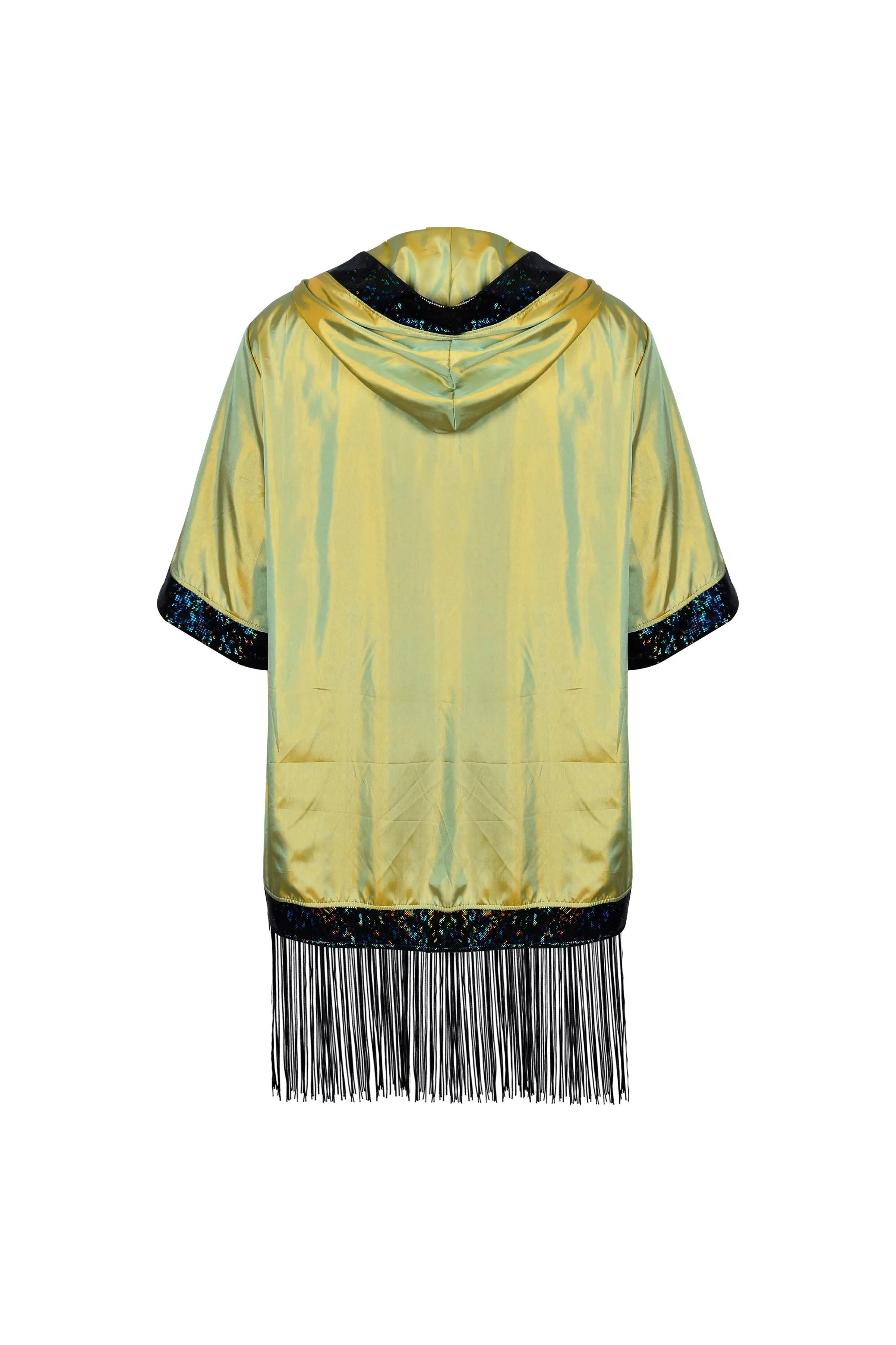 Hooded Iridescent Kimono With Fringe
