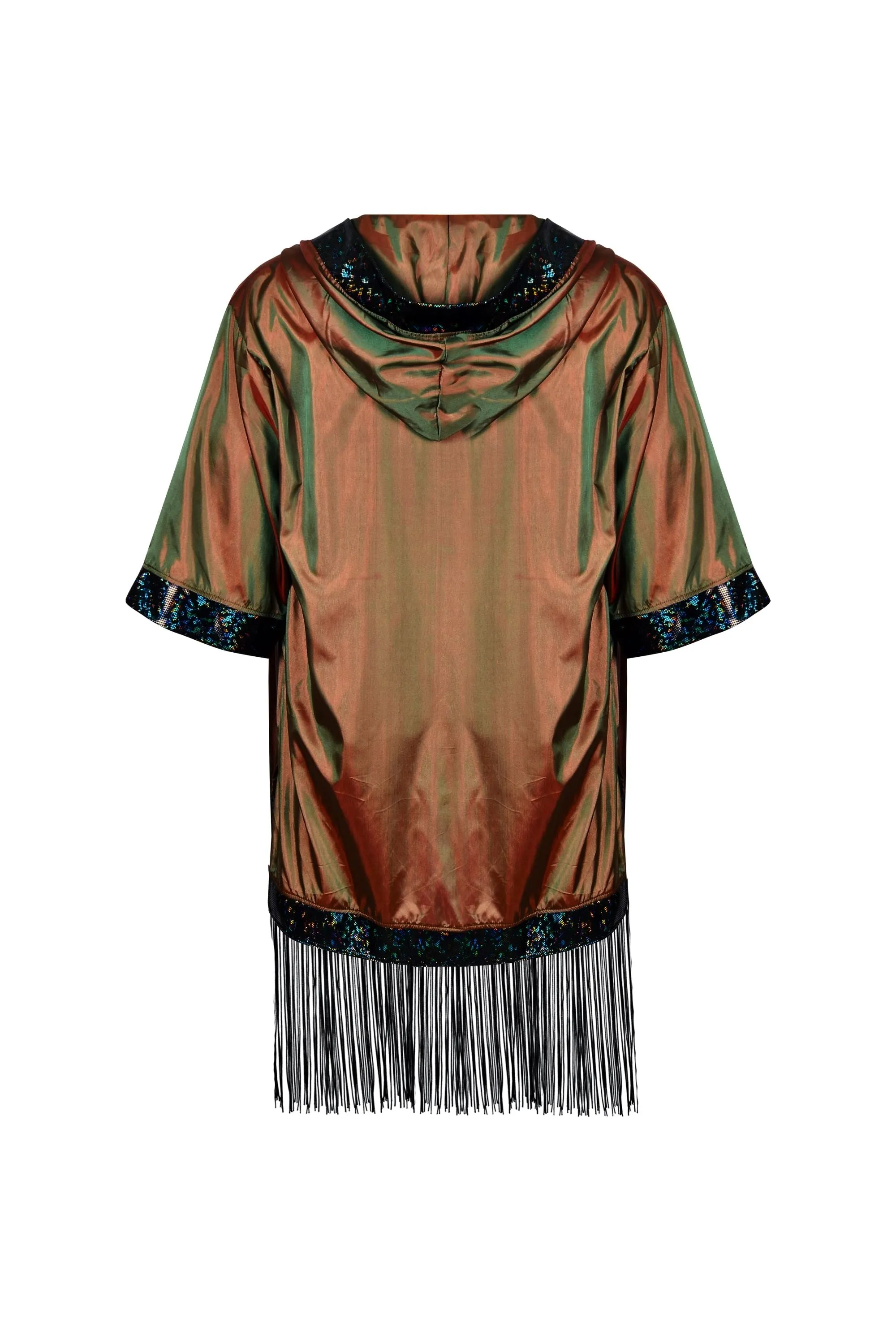 Hooded Iridescent Kimono With Fringe