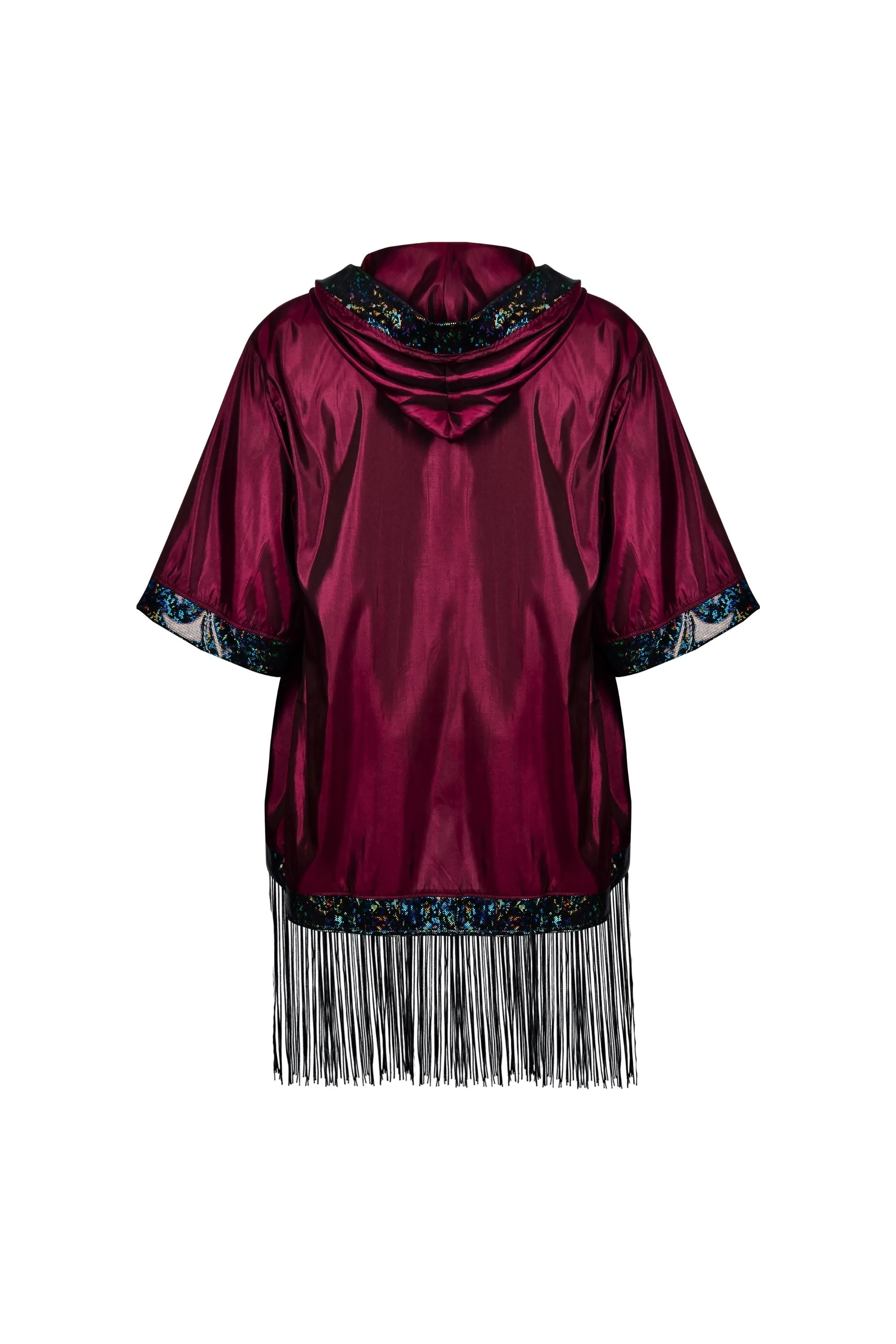 Hooded Iridescent Kimono With Fringe