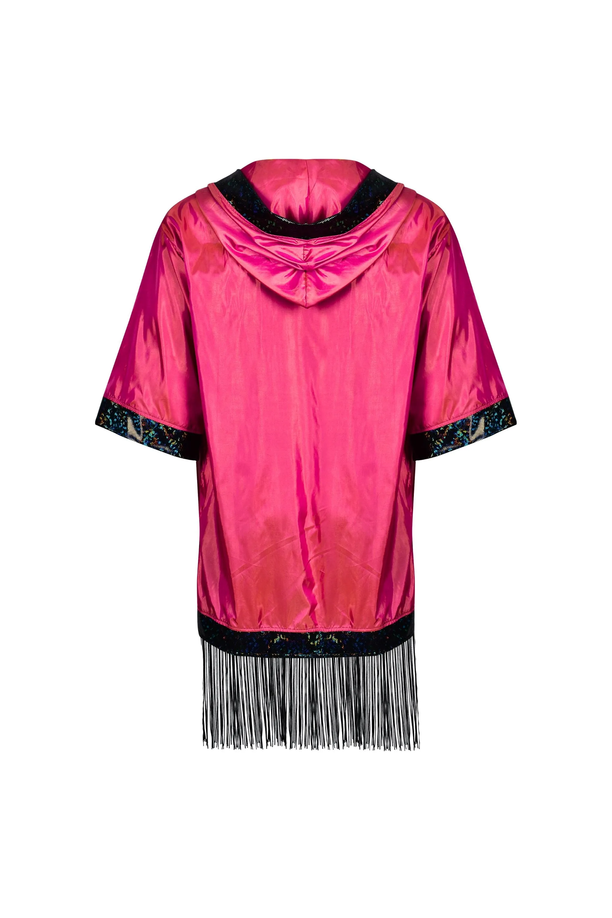 Hooded Iridescent Kimono With Fringe