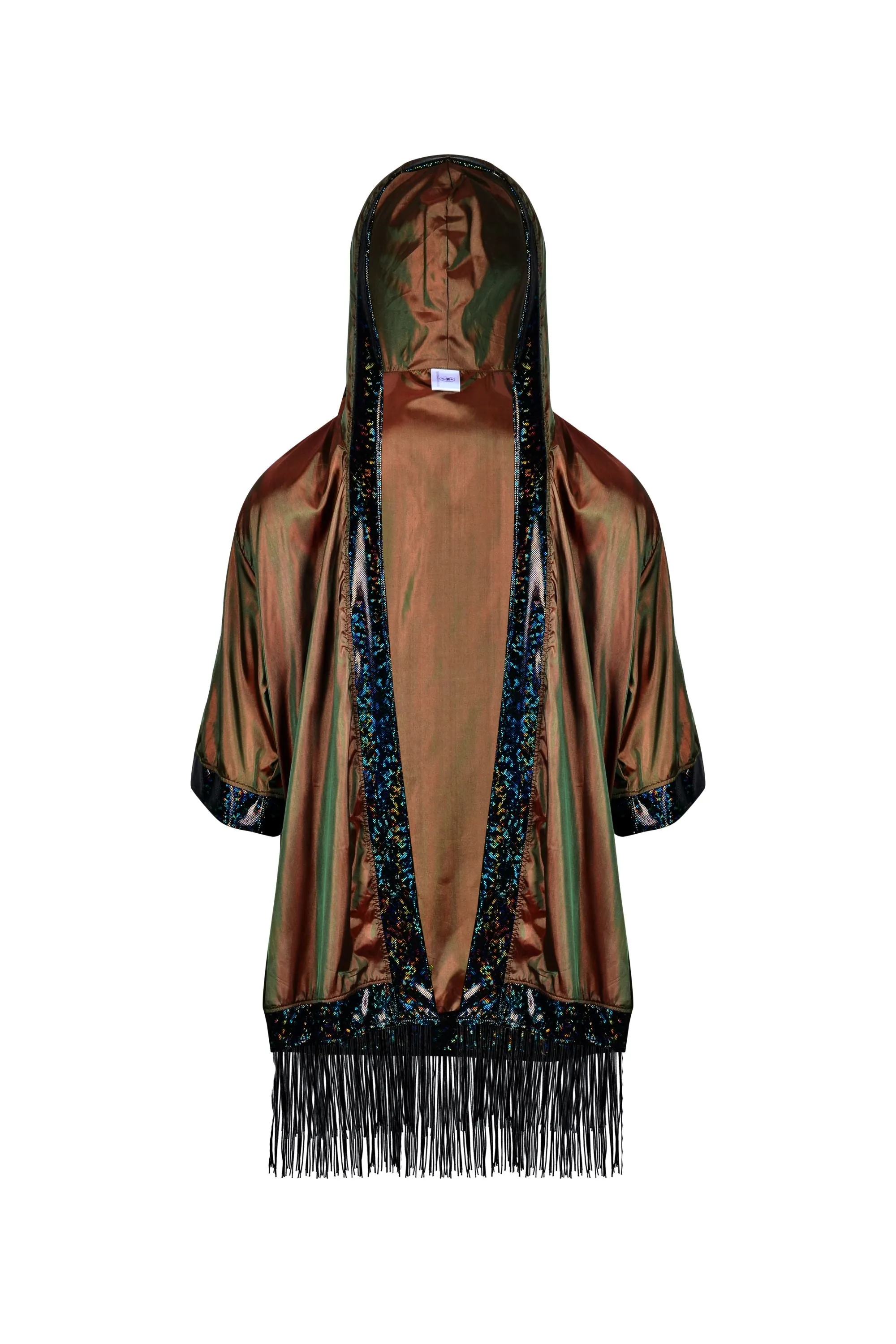 Hooded Iridescent Kimono With Fringe