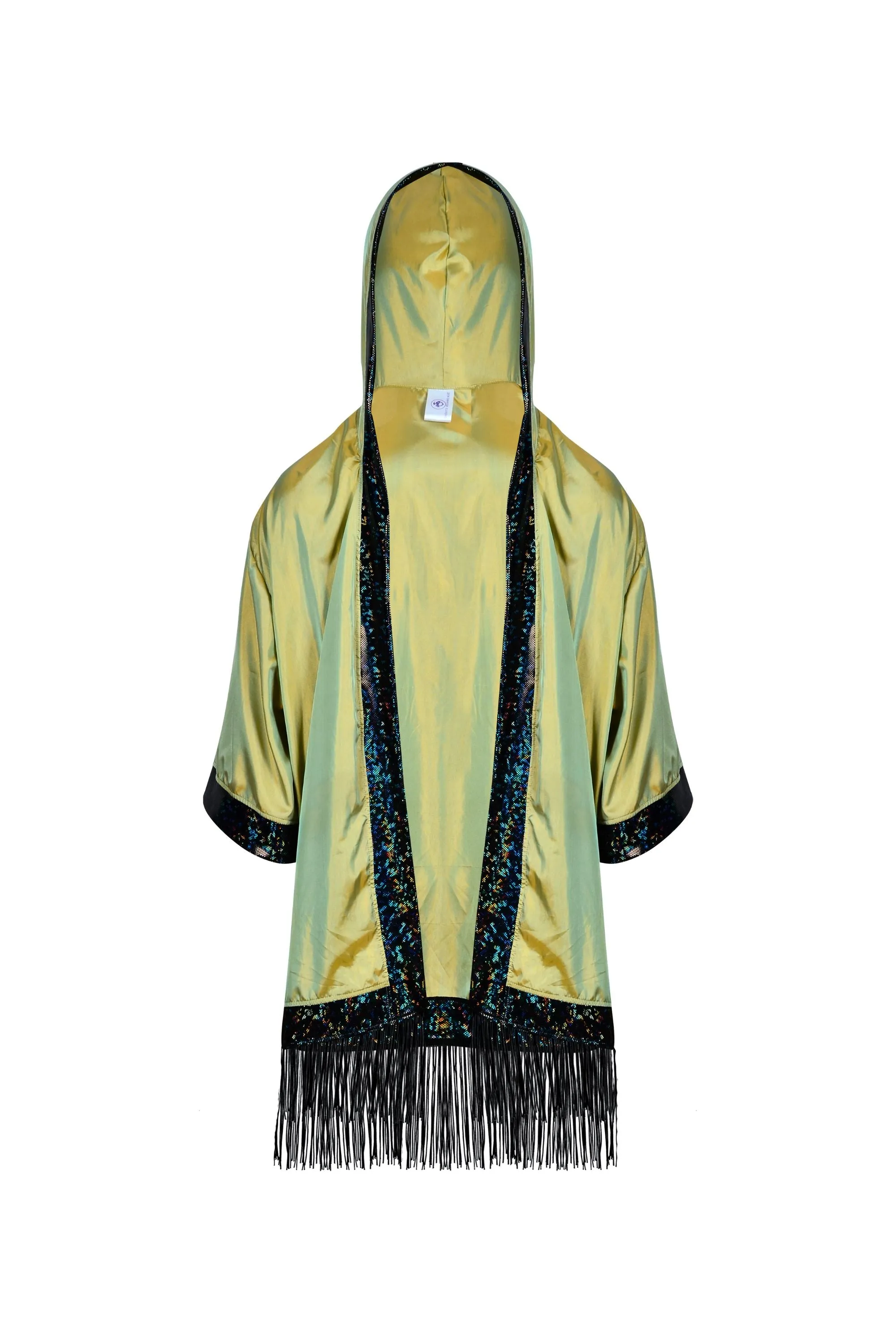 Hooded Iridescent Kimono With Fringe