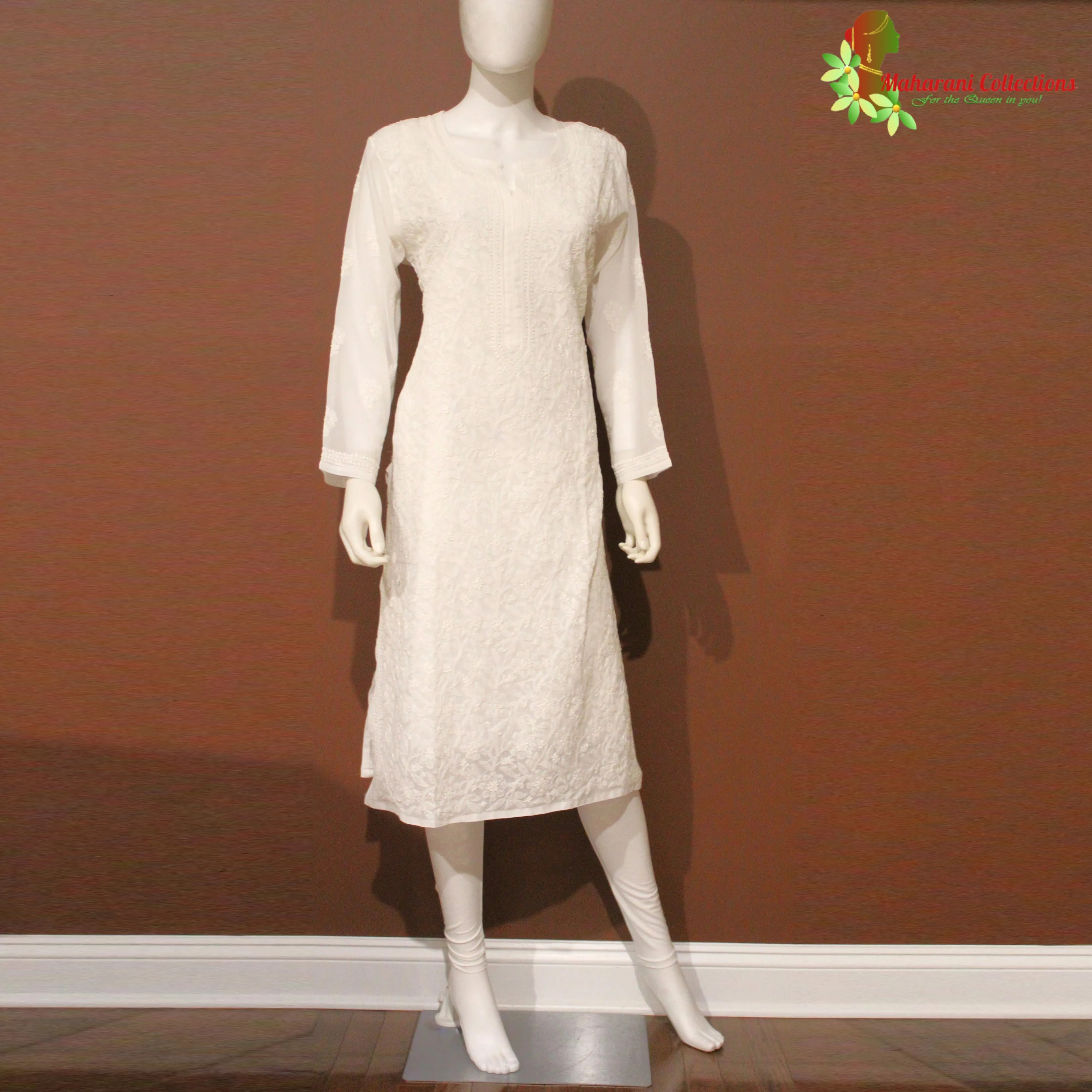 Lucknowi Chikankari Kurta Top - White (XXL) - Pure Georgette