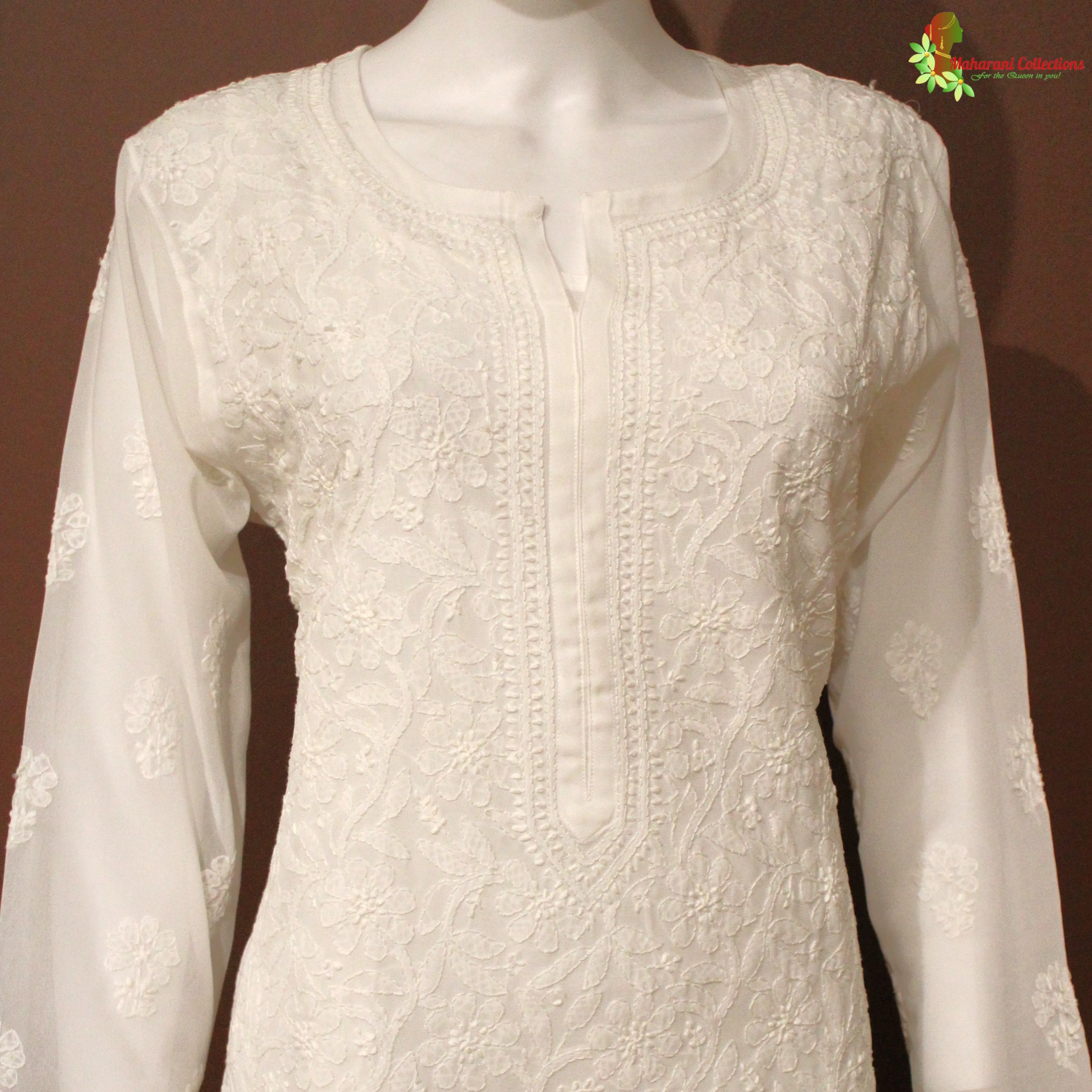 Lucknowi Chikankari Kurta Top - White (XXL) - Pure Georgette