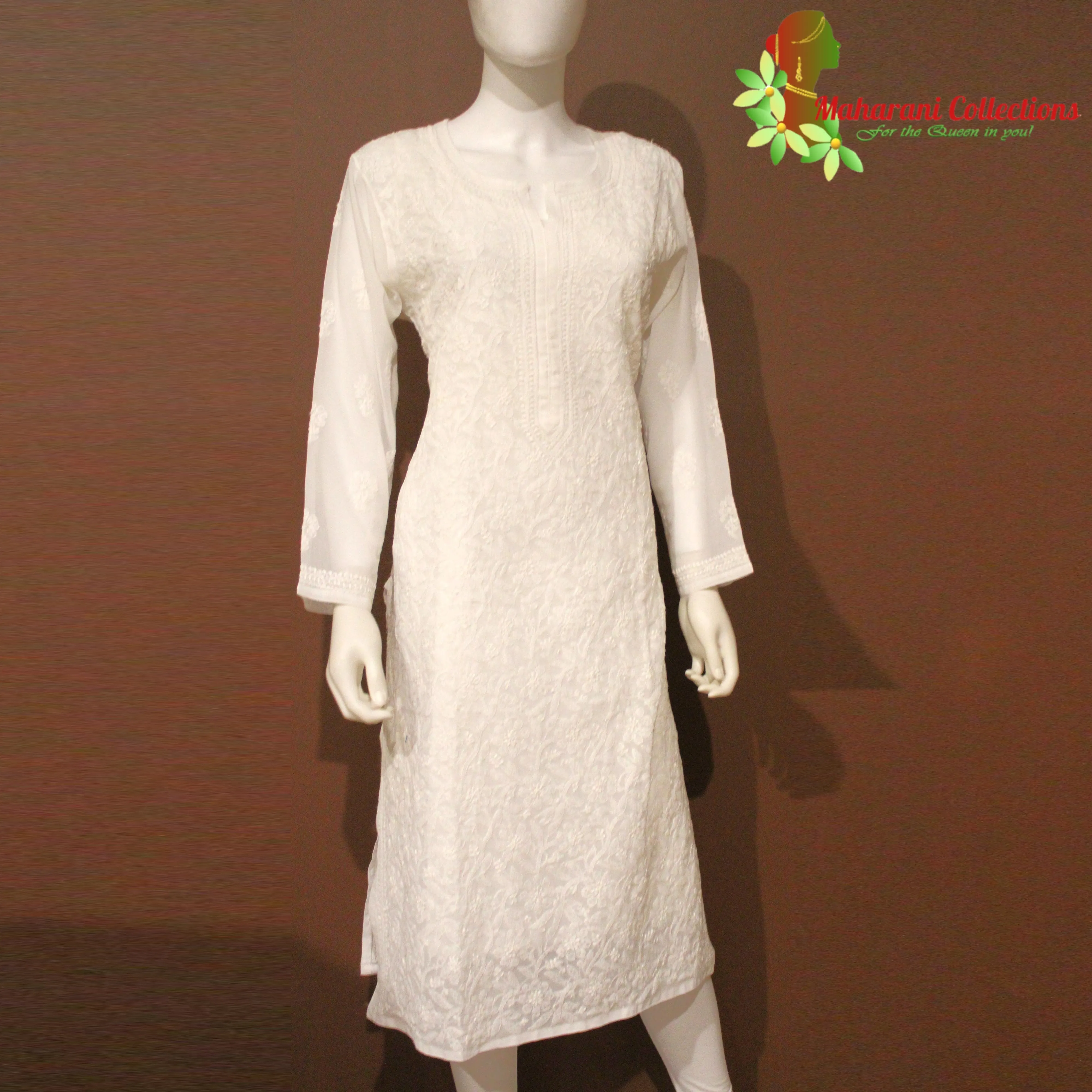 Lucknowi Chikankari Kurta Top - White (XXL) - Pure Georgette