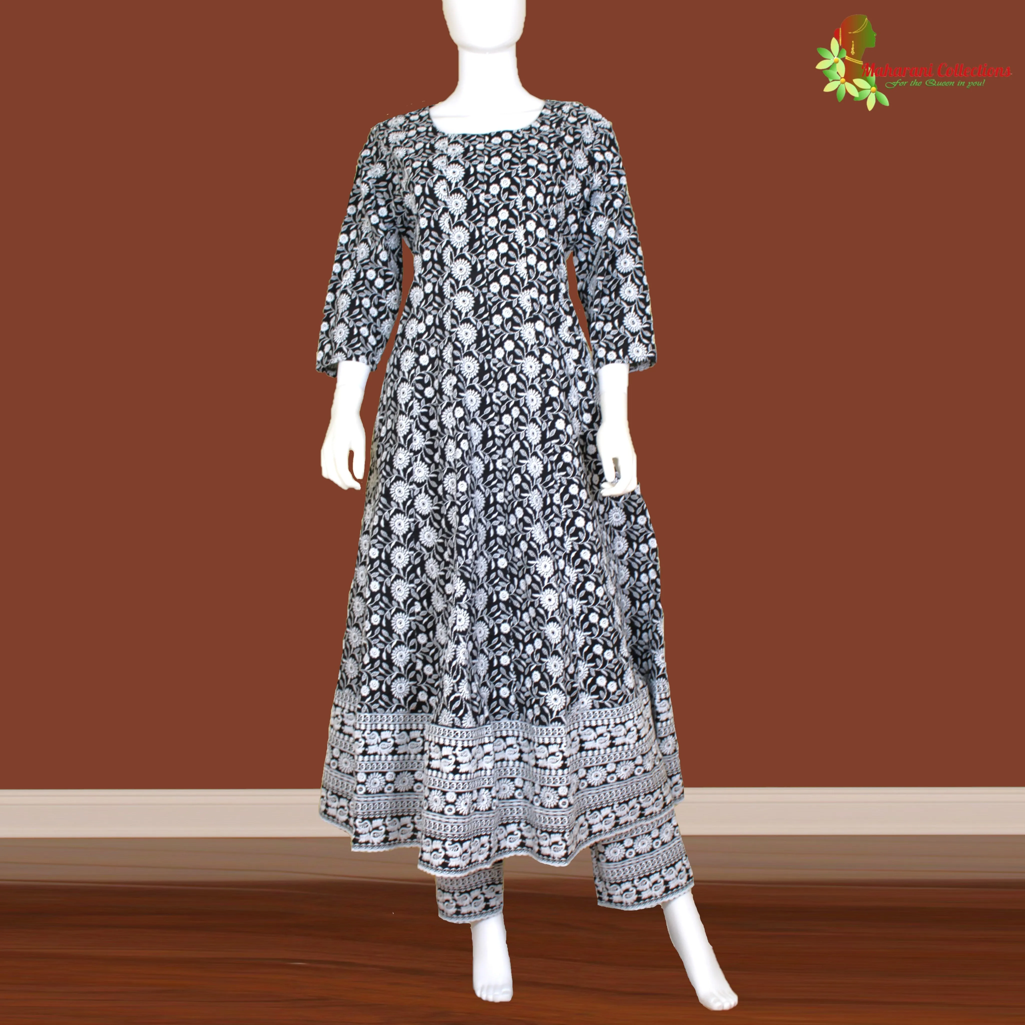 Maharani's Anarkali Suit - Black and White (M) - Pure Cotton