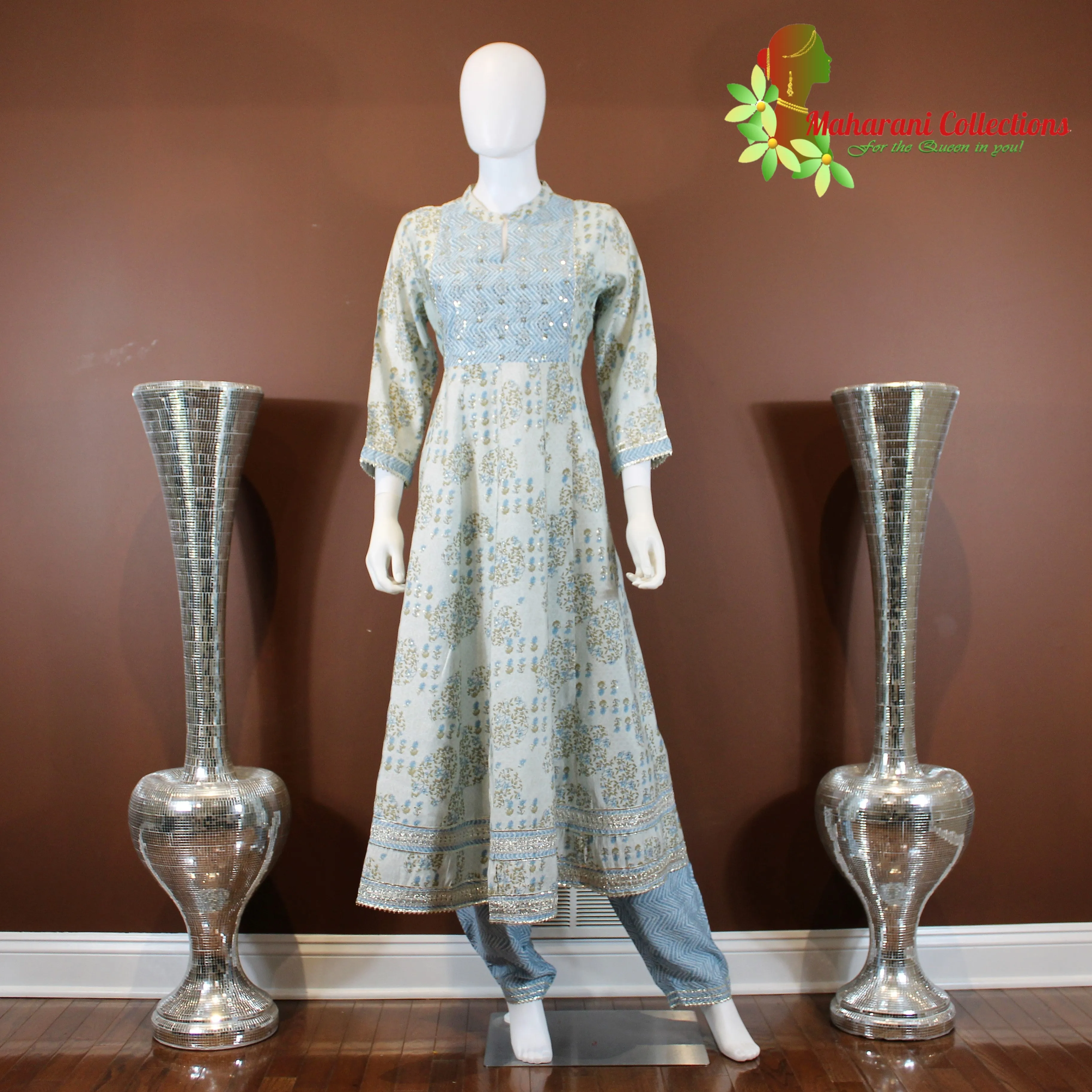 Maharani's Anarkali Suit - Light Blue (M) - Pure Muslin Silk