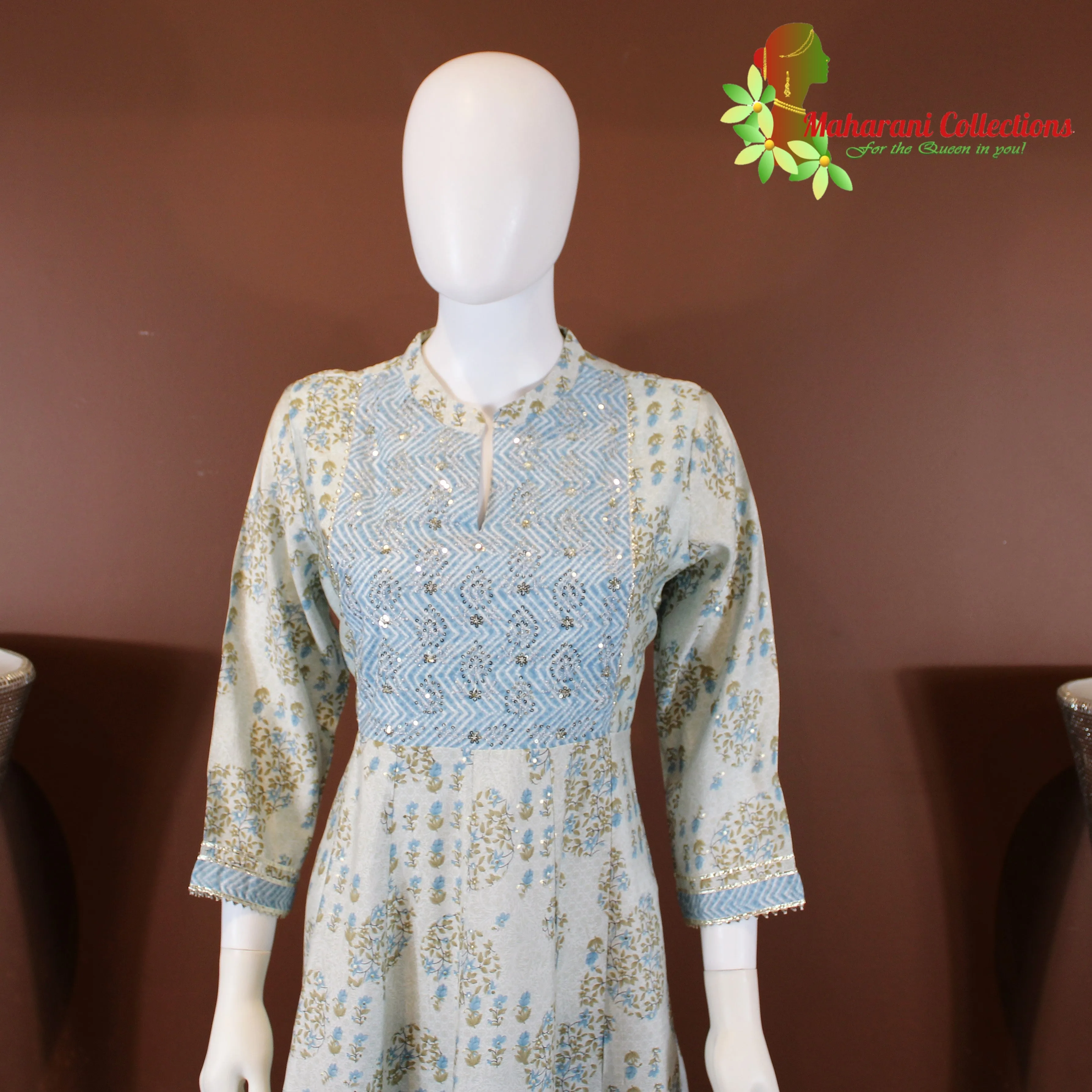 Maharani's Anarkali Suit - Light Blue (M) - Pure Muslin Silk