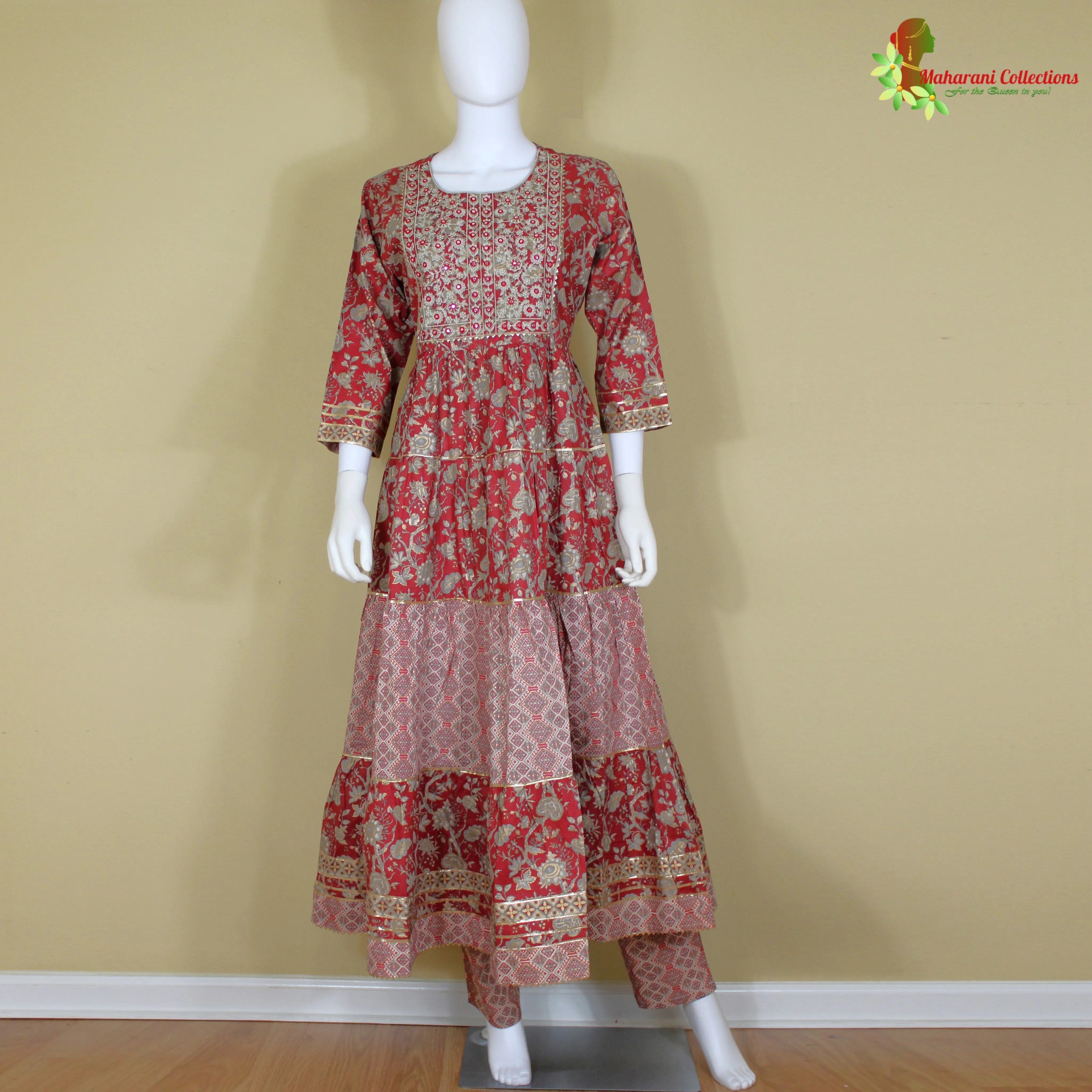 Maharani's Anarkali Suit - Maroon (XL) - Pure Cotton