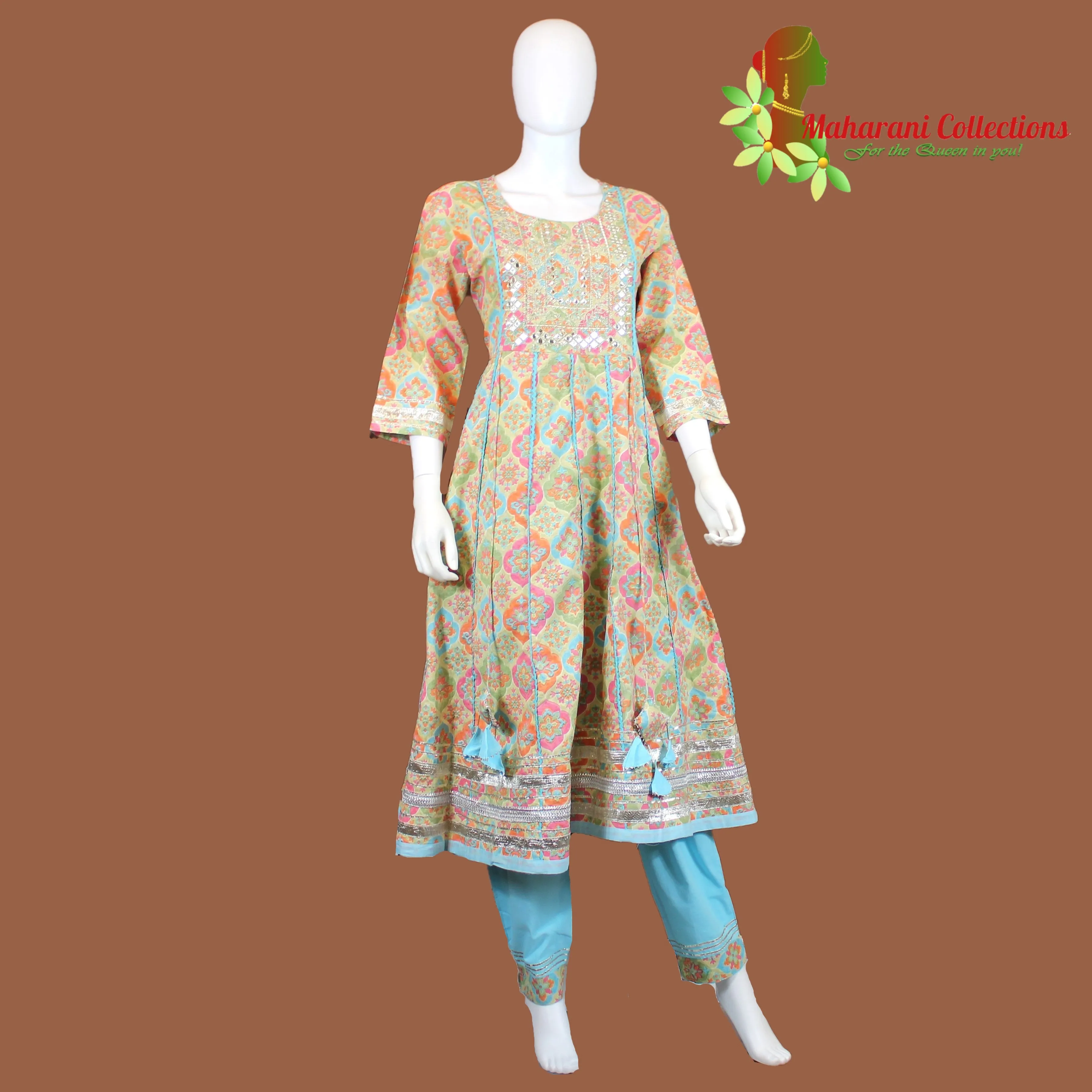 Maharani's Anarkali Suit - Sky Blue Floral (L) - Pure Cotton