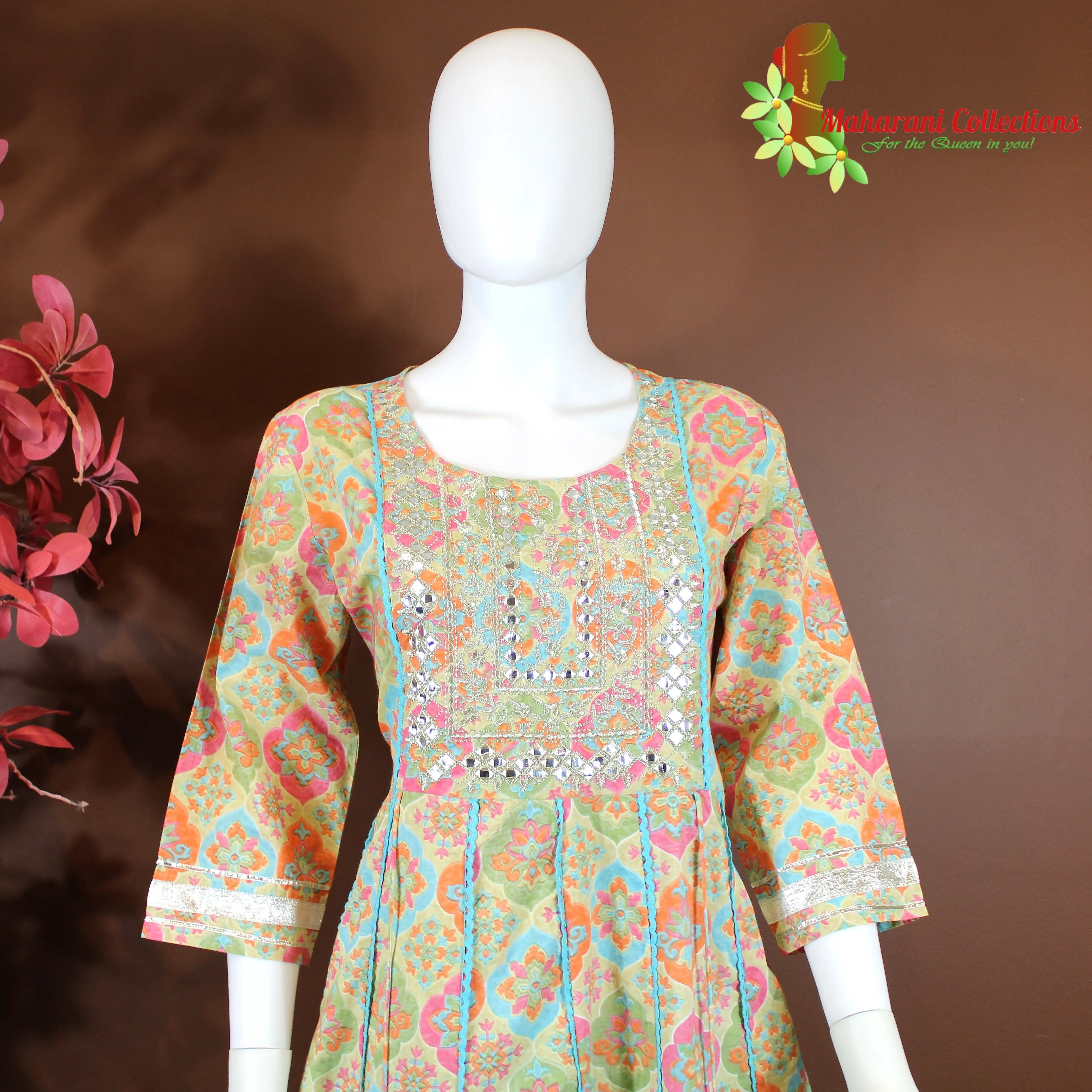 Maharani's Anarkali Suit - Sky Blue Floral (L) - Pure Cotton