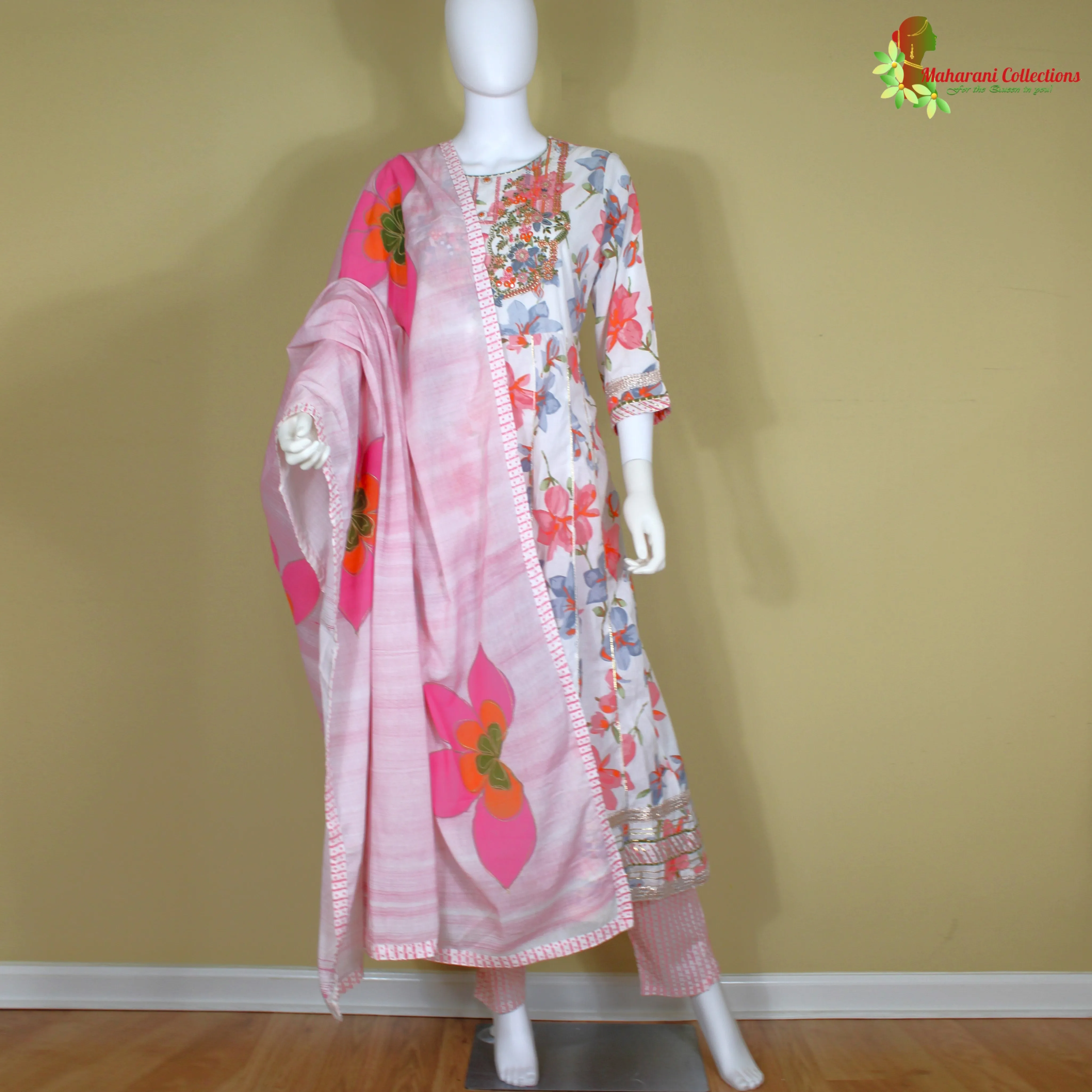 Maharani's Anarkali Suit - White Floral (M) - Pure Muslin Silk