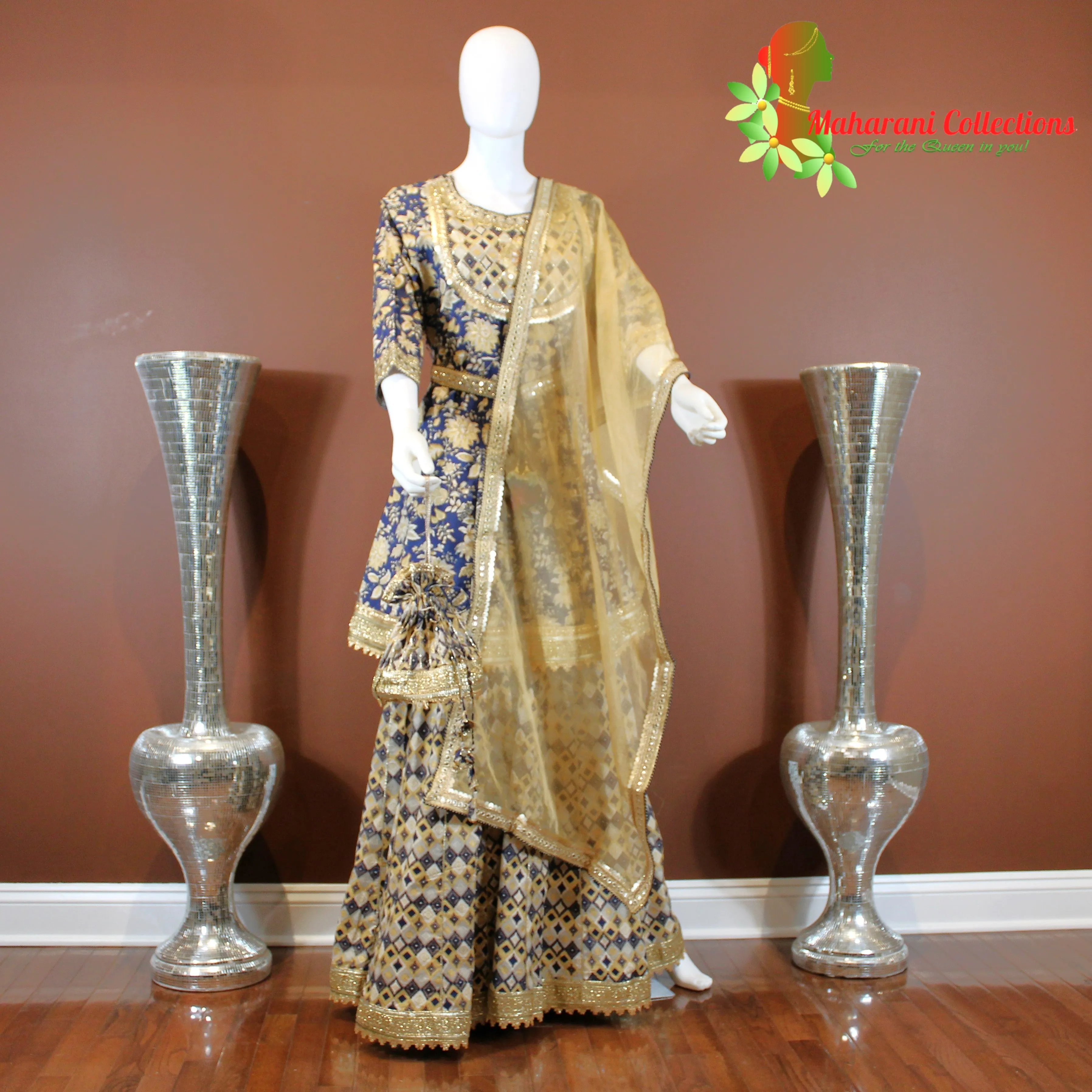 Maharani's Designer Linen Silk Sharara Suit - Blue (L, XL)