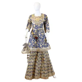 Maharani's Designer Linen Silk Sharara Suit - Blue (L, XL)