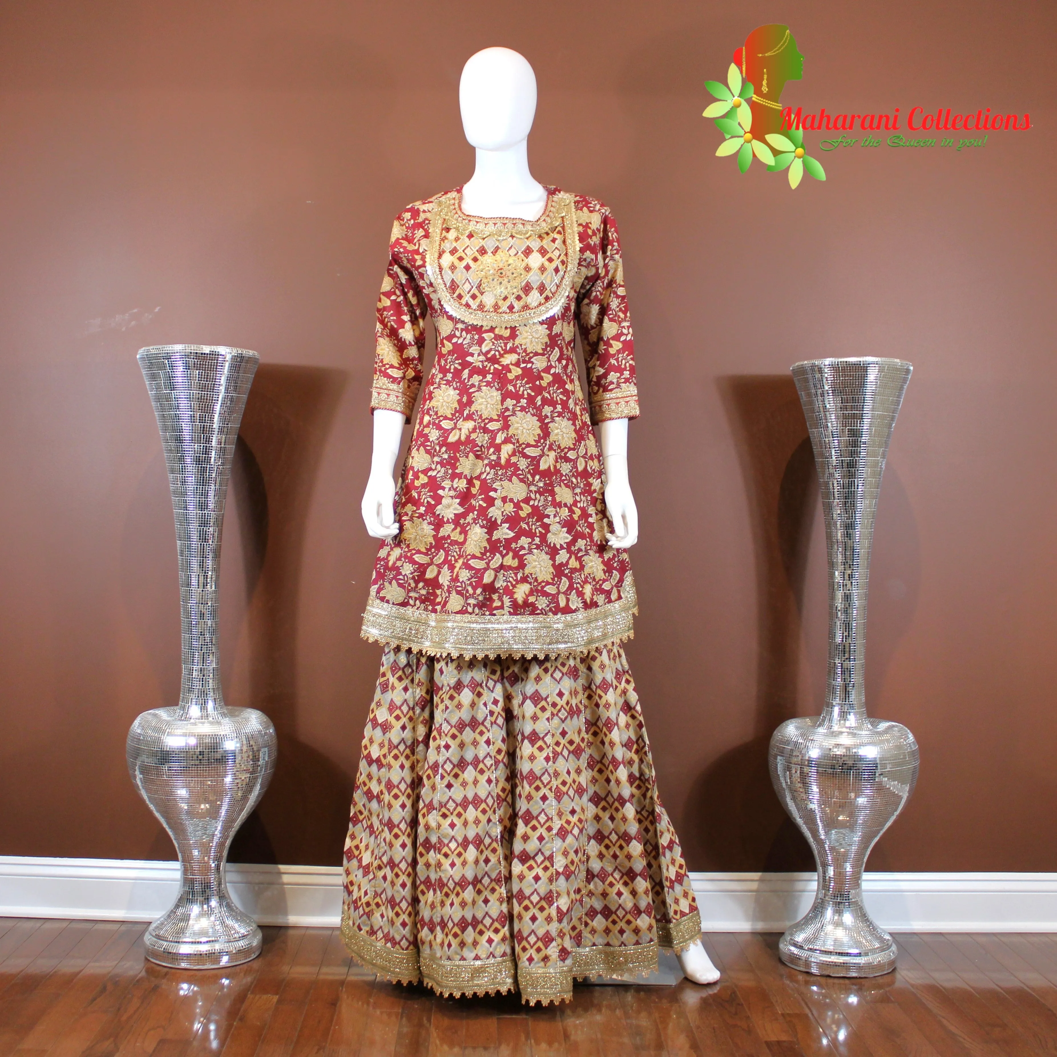 Maharani's Designer Linen Silk Sharara Suit - Maroon (M, L, XL)