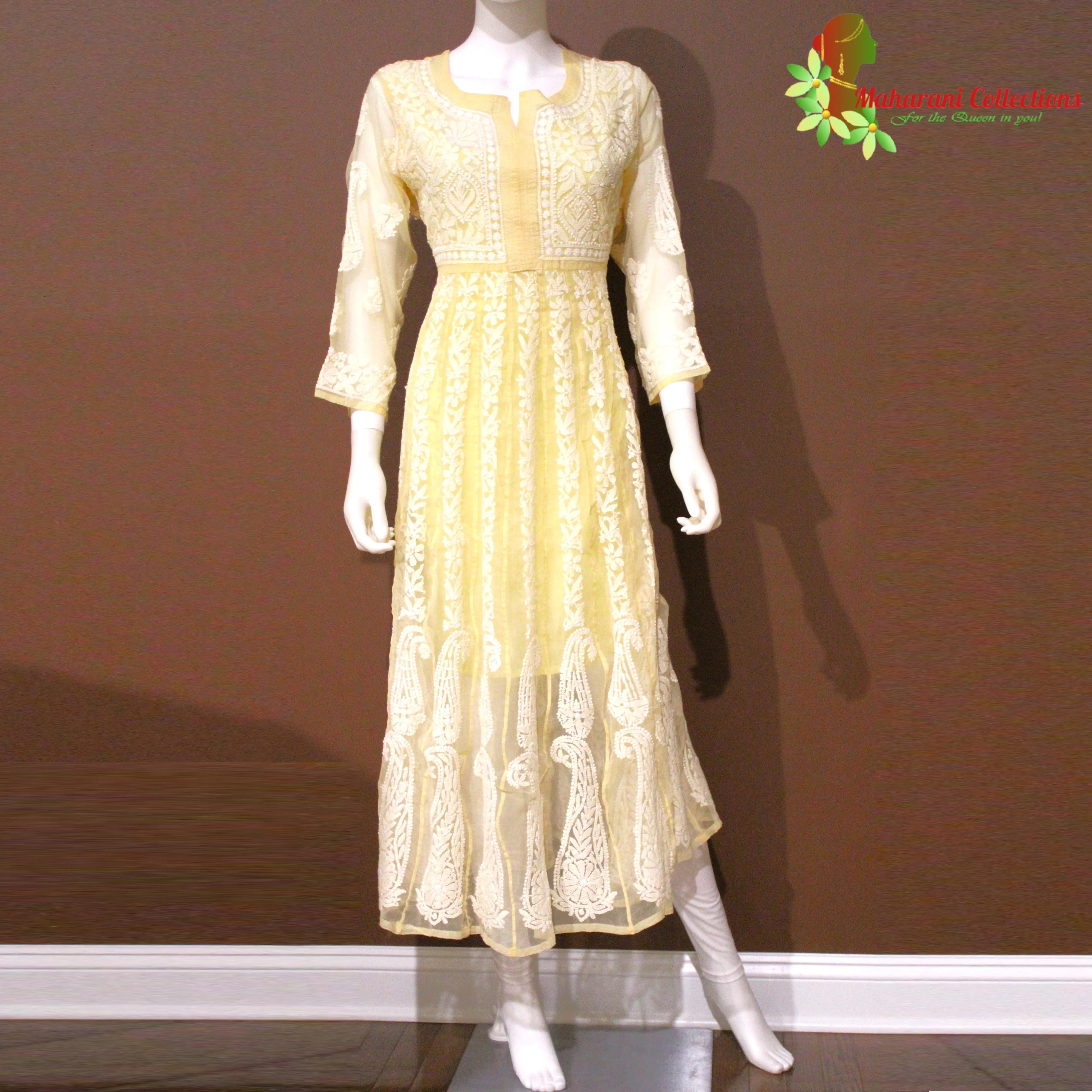 Maharani's Lucknowi Chikankari Anarkali Suit - Light Yellow (L) - Pure Georgette