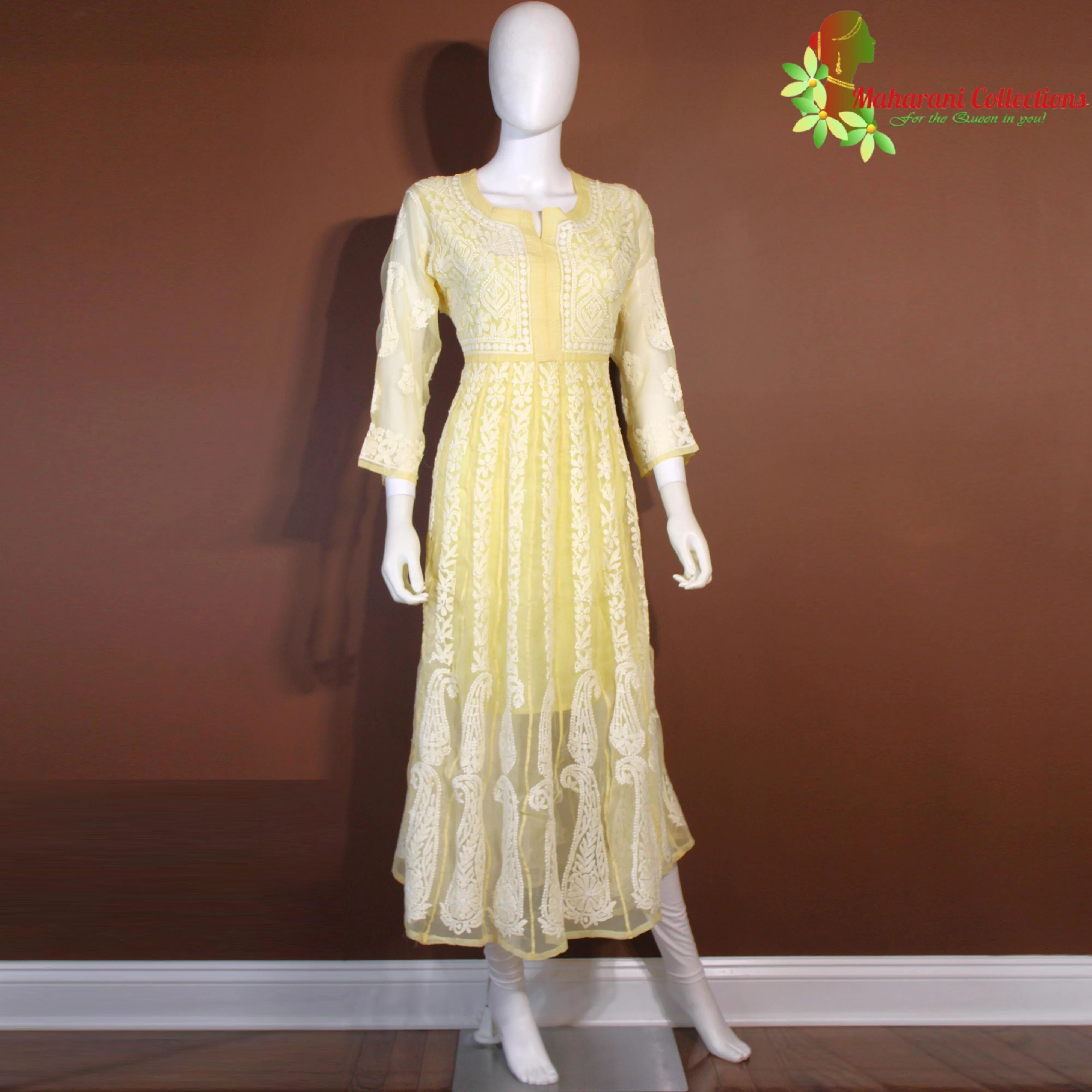Maharani's Lucknowi Chikankari Anarkali Suit - Light Yellow (L) - Pure Georgette