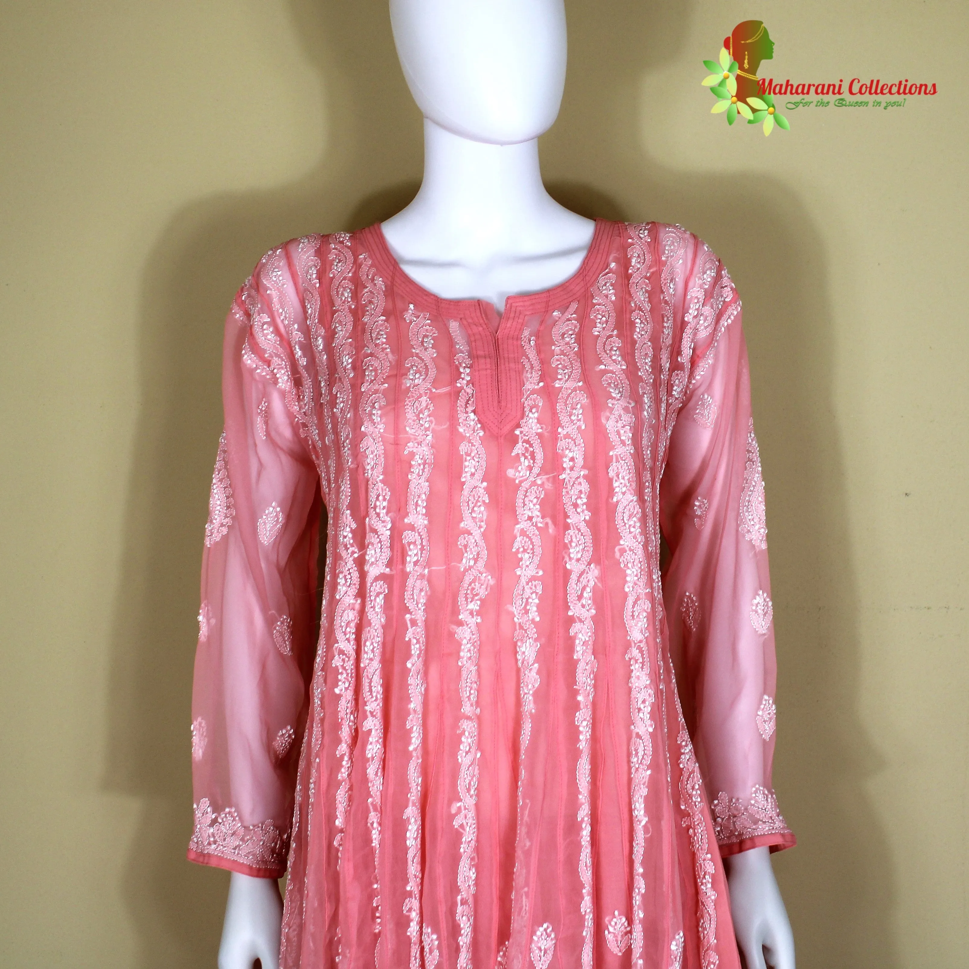 Maharani's Lucknowi Chikankari Anarkali Suit - Peach (XL) - Pure Georgette