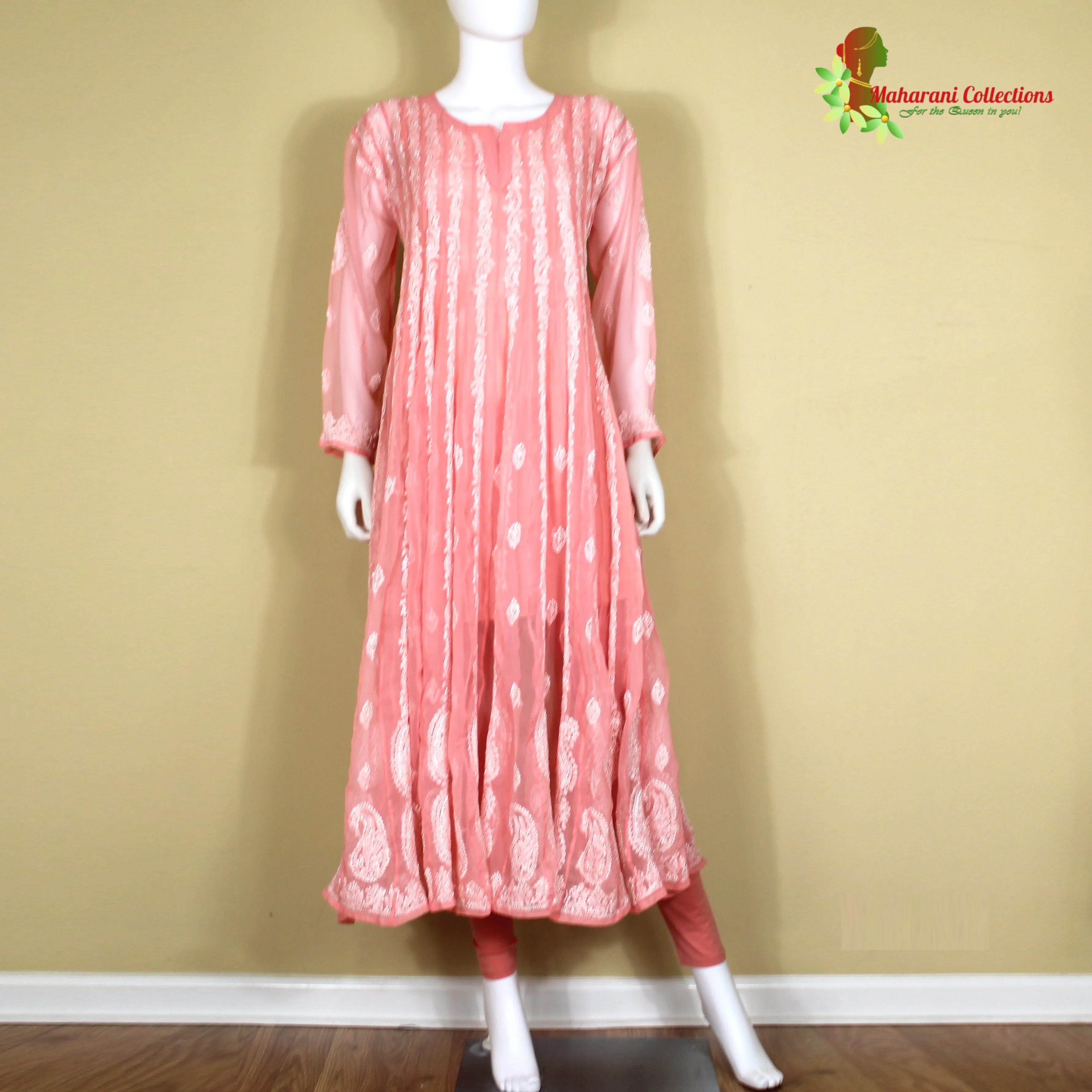 Maharani's Lucknowi Chikankari Anarkali Suit - Peach (XL) - Pure Georgette