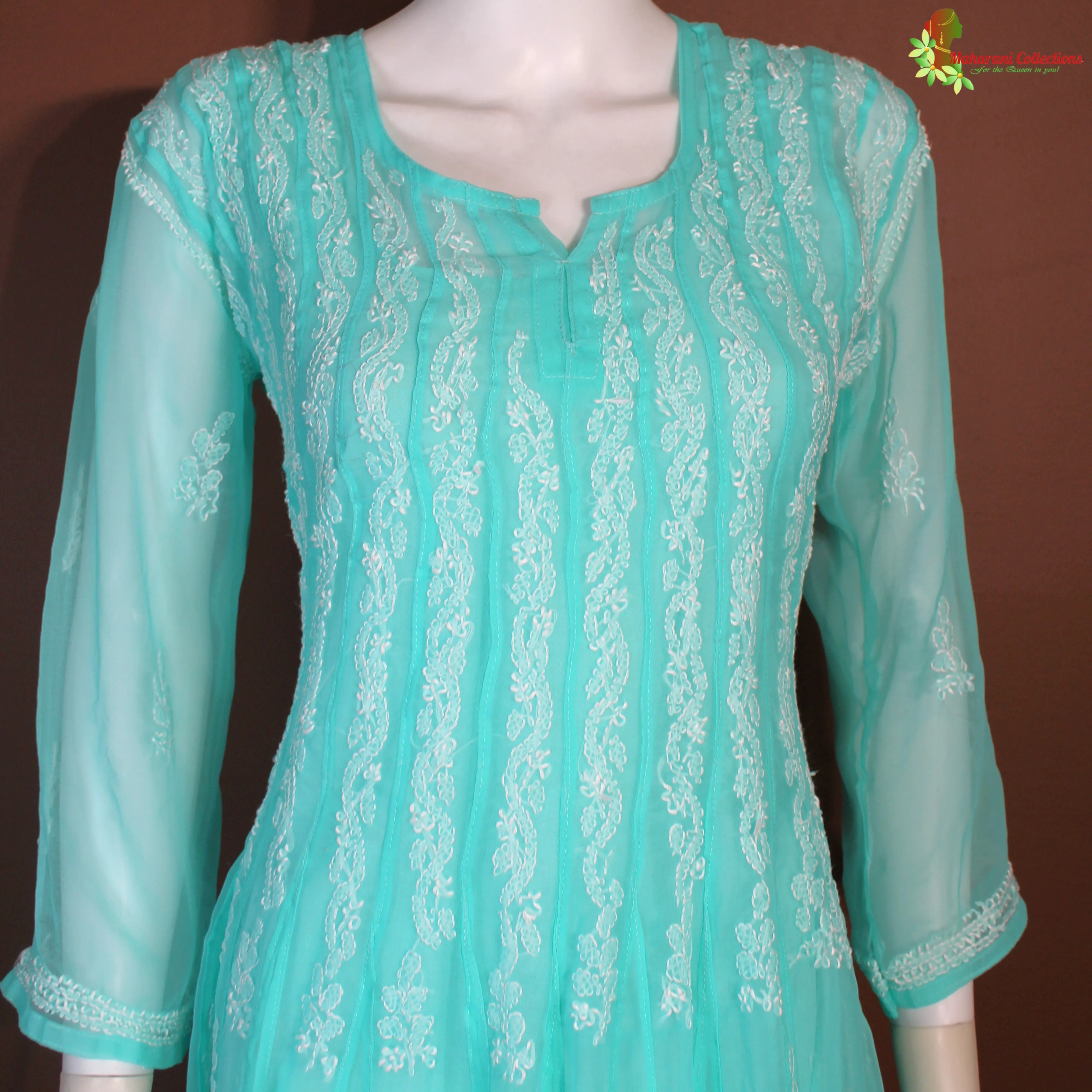 Maharani's Lucknowi Chikankari Anarkali Suit - Sea Green (M) - Pure Georgette