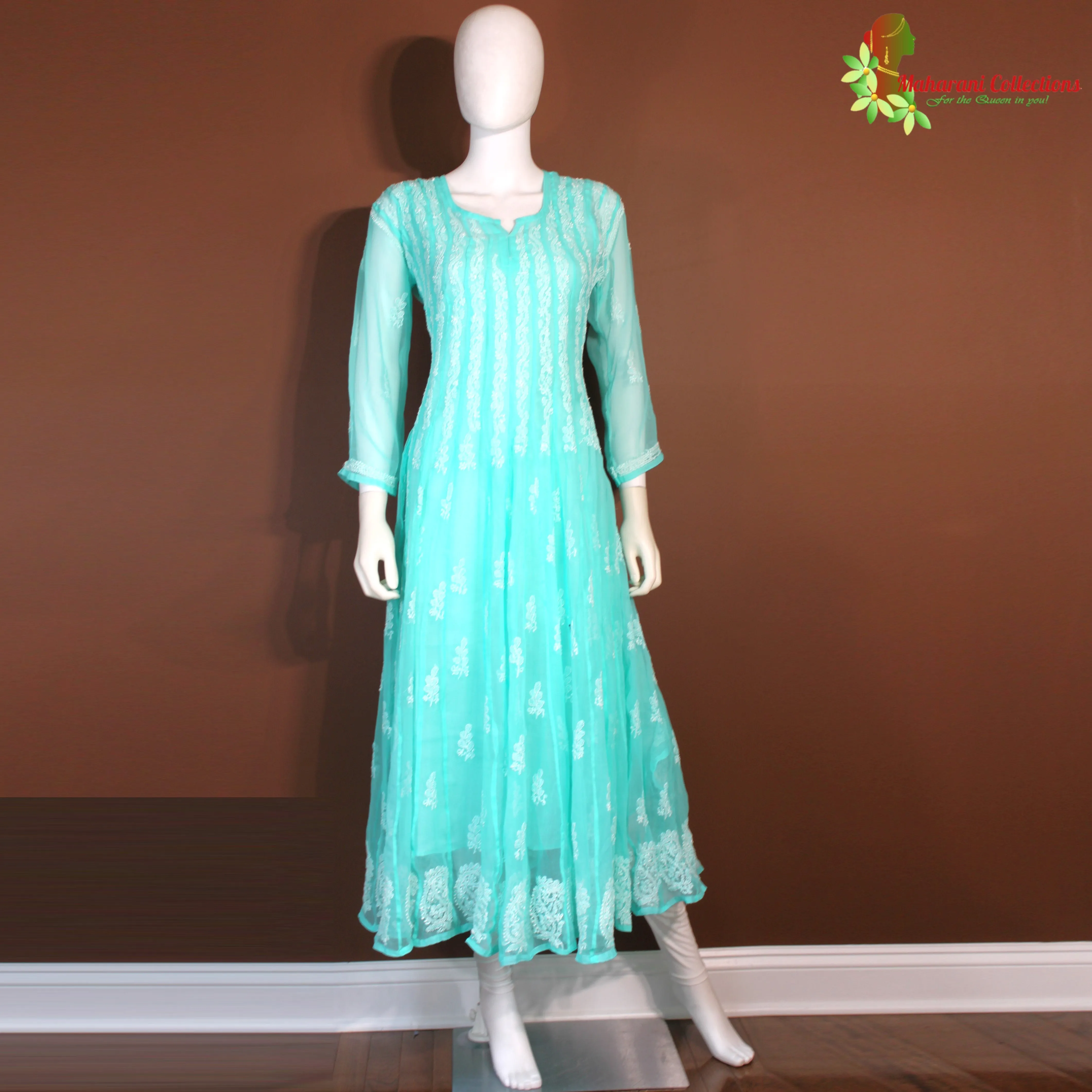 Maharani's Lucknowi Chikankari Anarkali Suit - Sea Green (M) - Pure Georgette