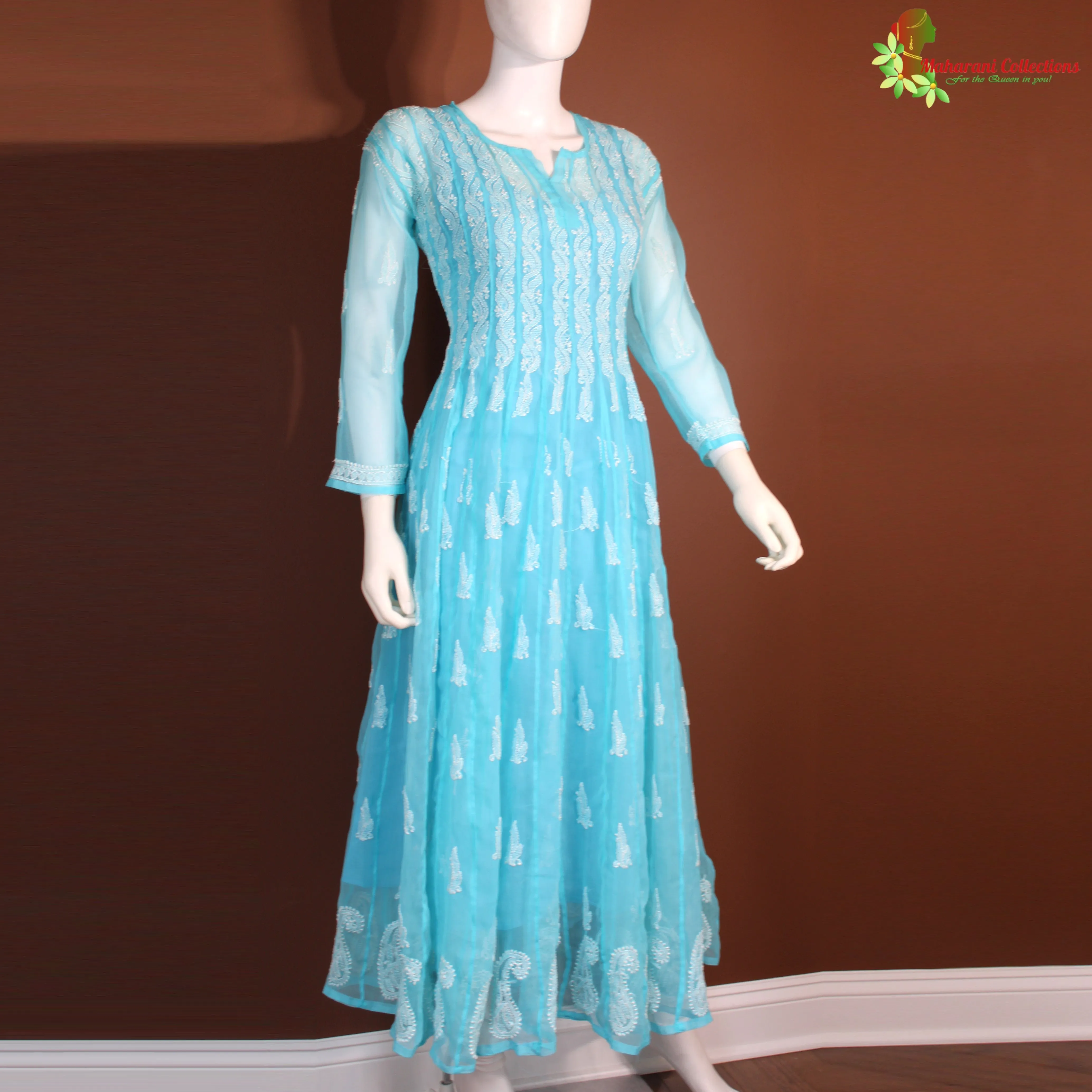 Maharani's Lucknowi Chikankari Anarkali Suit - Sky Blue (L) - Pure Georgette