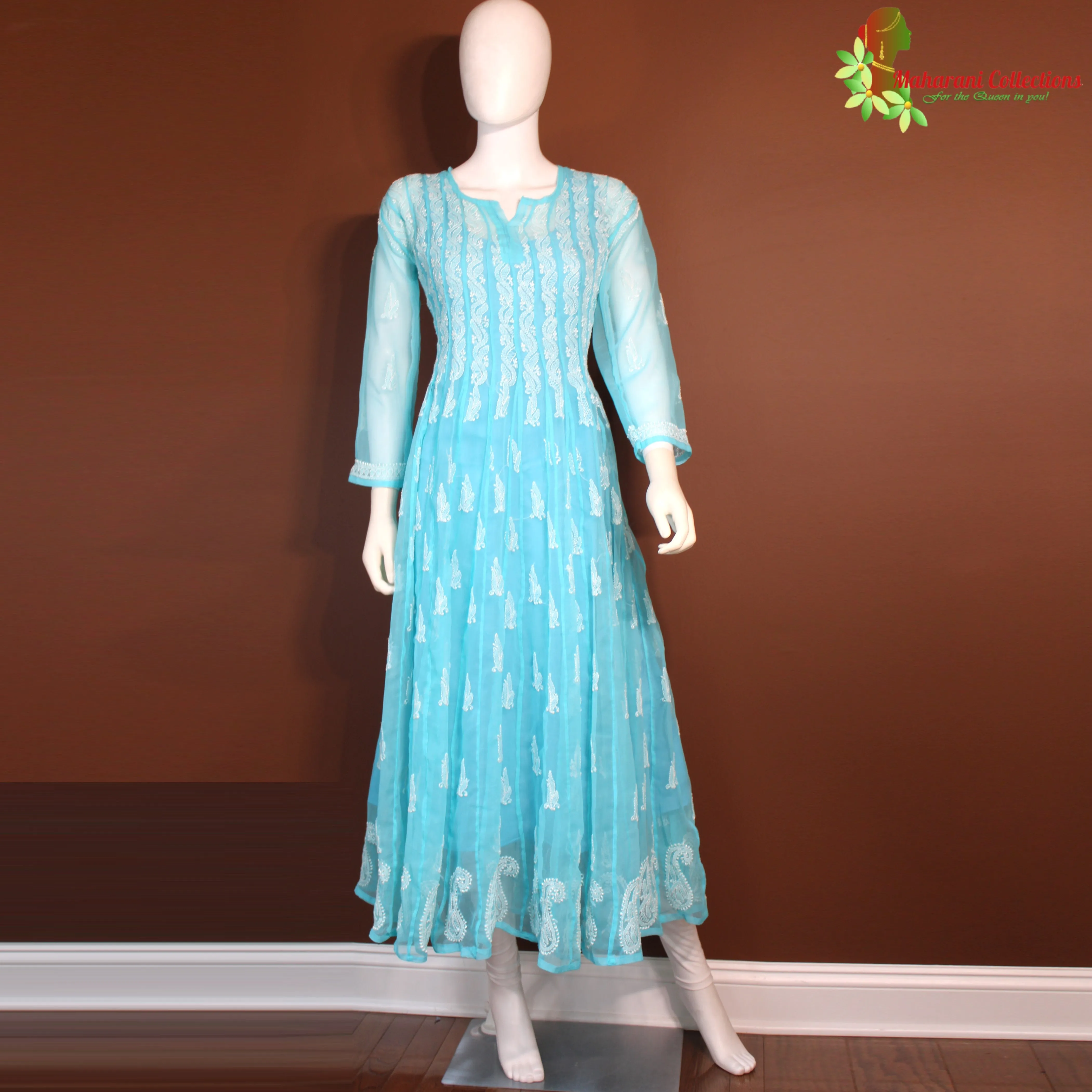 Maharani's Lucknowi Chikankari Anarkali Suit - Sky Blue (L) - Pure Georgette