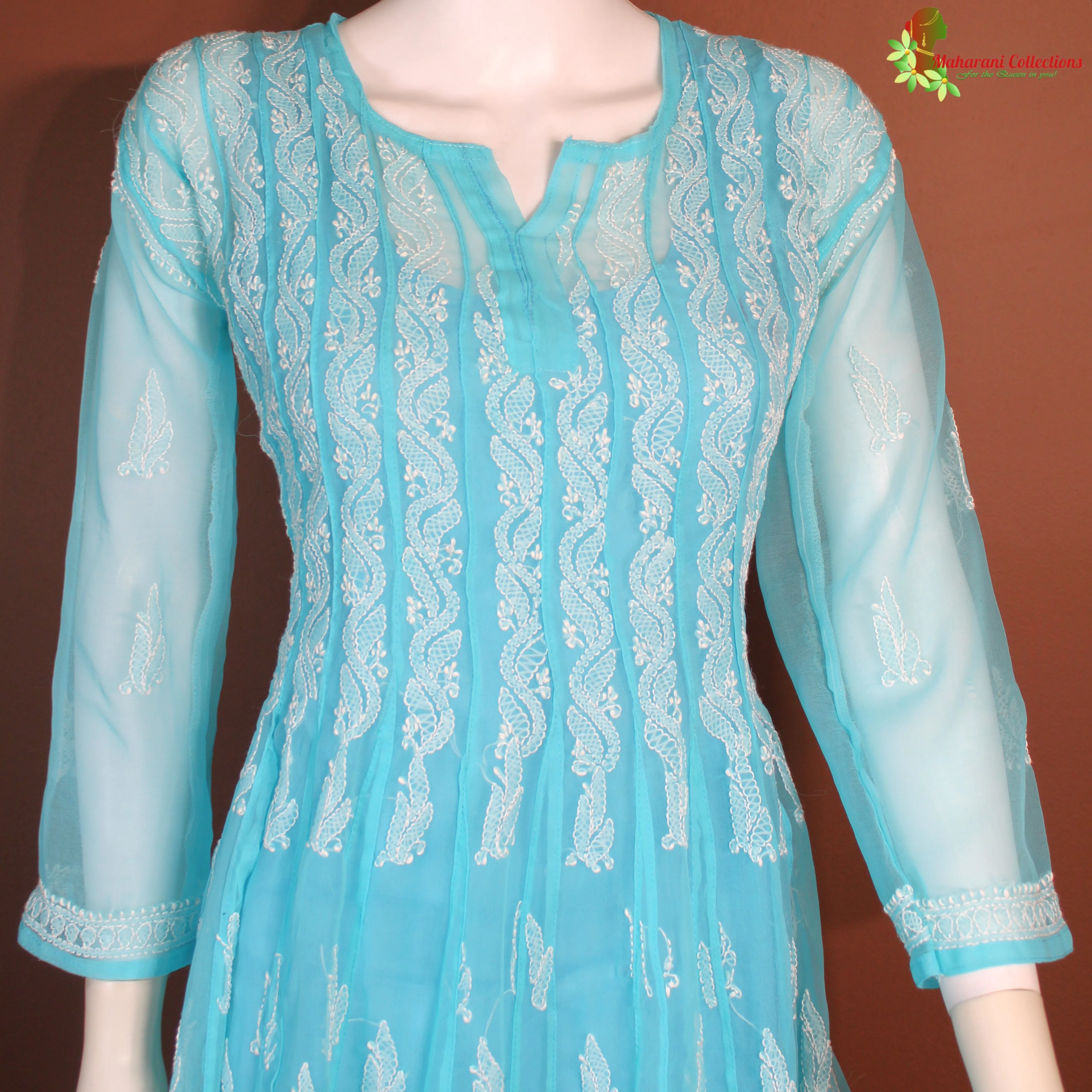 Maharani's Lucknowi Chikankari Anarkali Suit - Sky Blue (L) - Pure Georgette