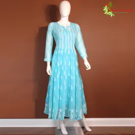 Maharani's Lucknowi Chikankari Anarkali Suit - Sky Blue (L) - Pure Georgette